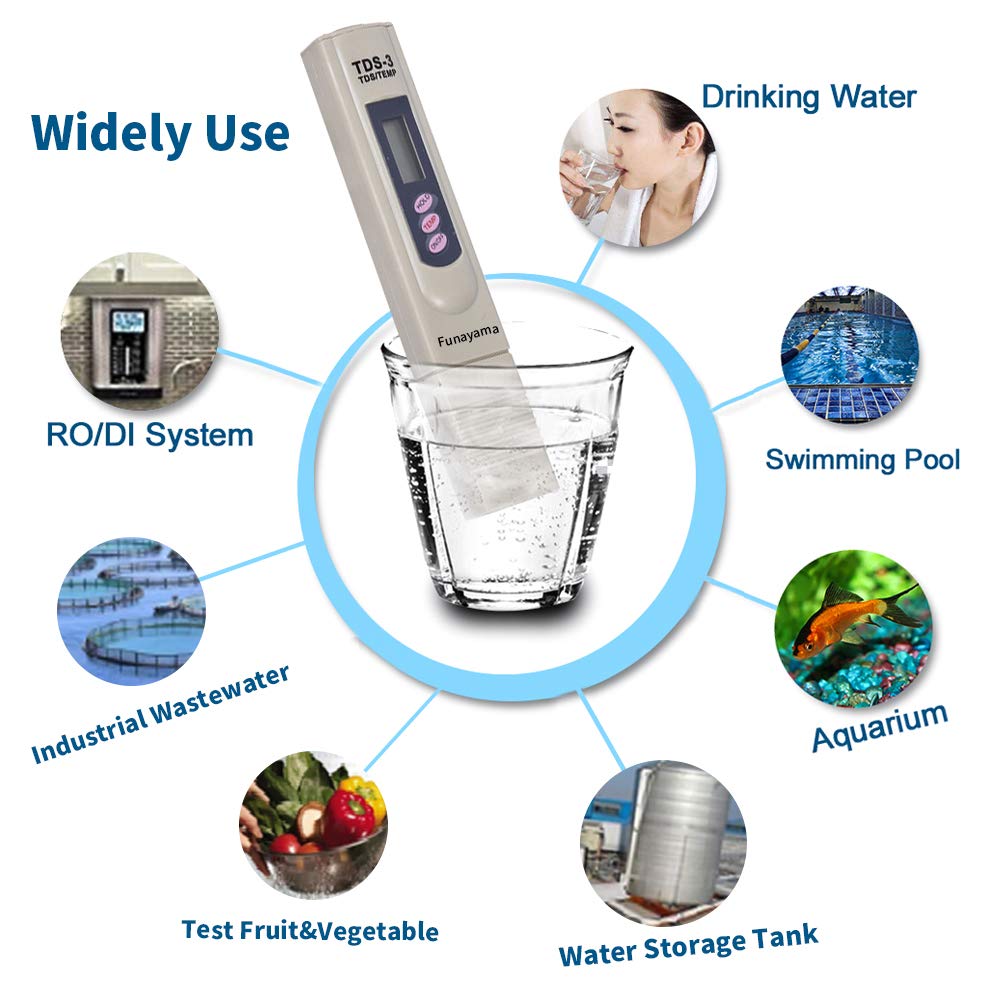 Water Quality Tester, Accurate and Reliable, EC Meter  Temperature Meter 3 in 1, 0-9990 ppm, Funayama tds Meter Digital Water Tester for Drinking Water, Aquariums, etc
