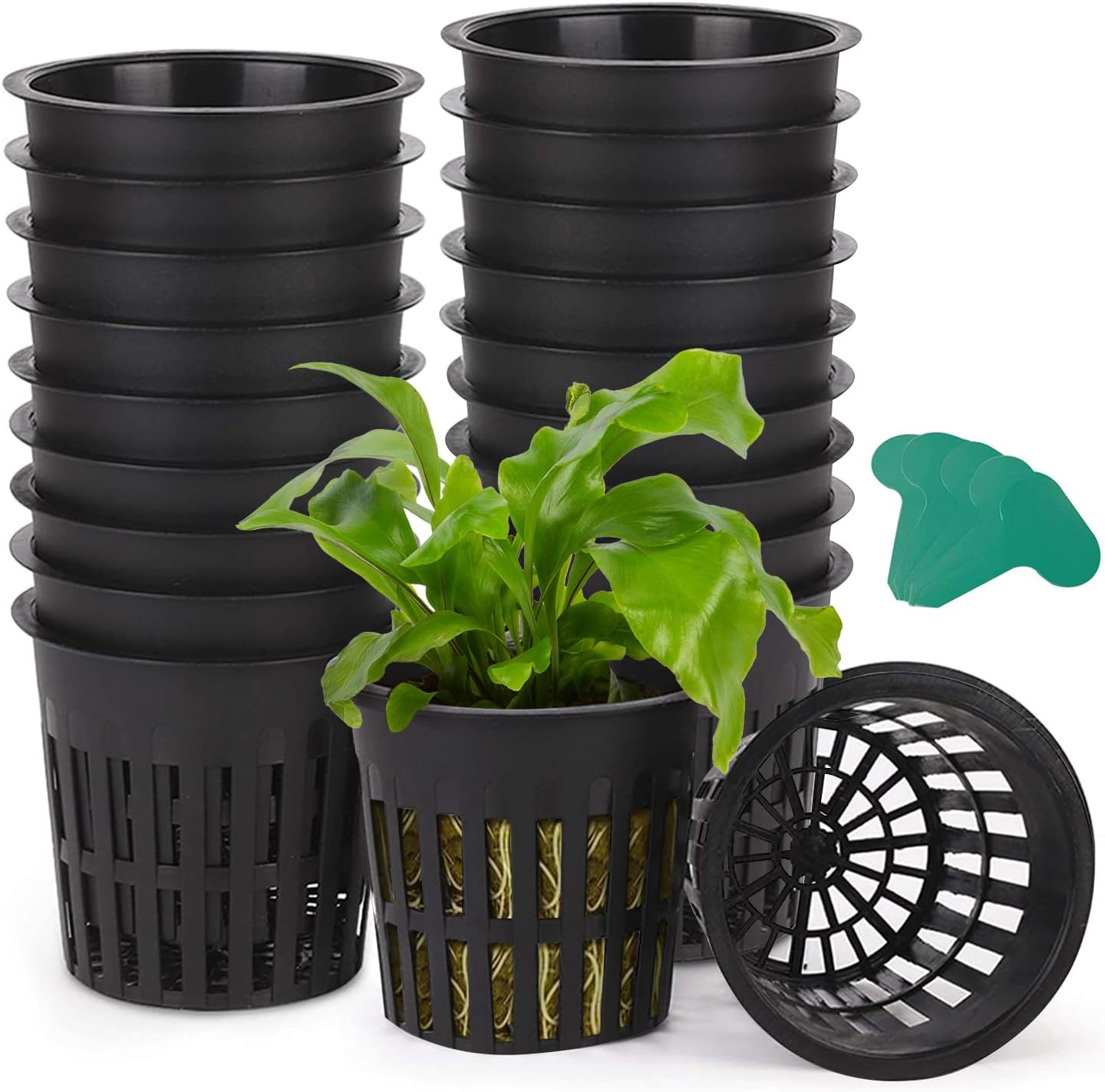 GROWNEER 25Pcs 4inch Net Pots, Heavy Duty Hydroponic Cups Mesh Pots with Plant Labels, Slotted Design for Indoor or Outdoor Growing