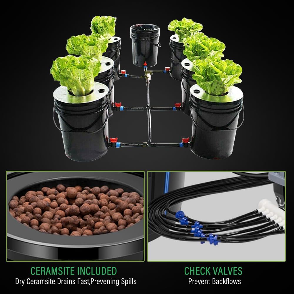 Hydroponic System, Growing System Kit 7 Bucket 5 Gallon Recirculating Deep Water Aquaculture, Hydroponic Growing Kit with Pump, Air Stone and Water Leveling Device for Indoor/Outdoor Leafy Vegetables