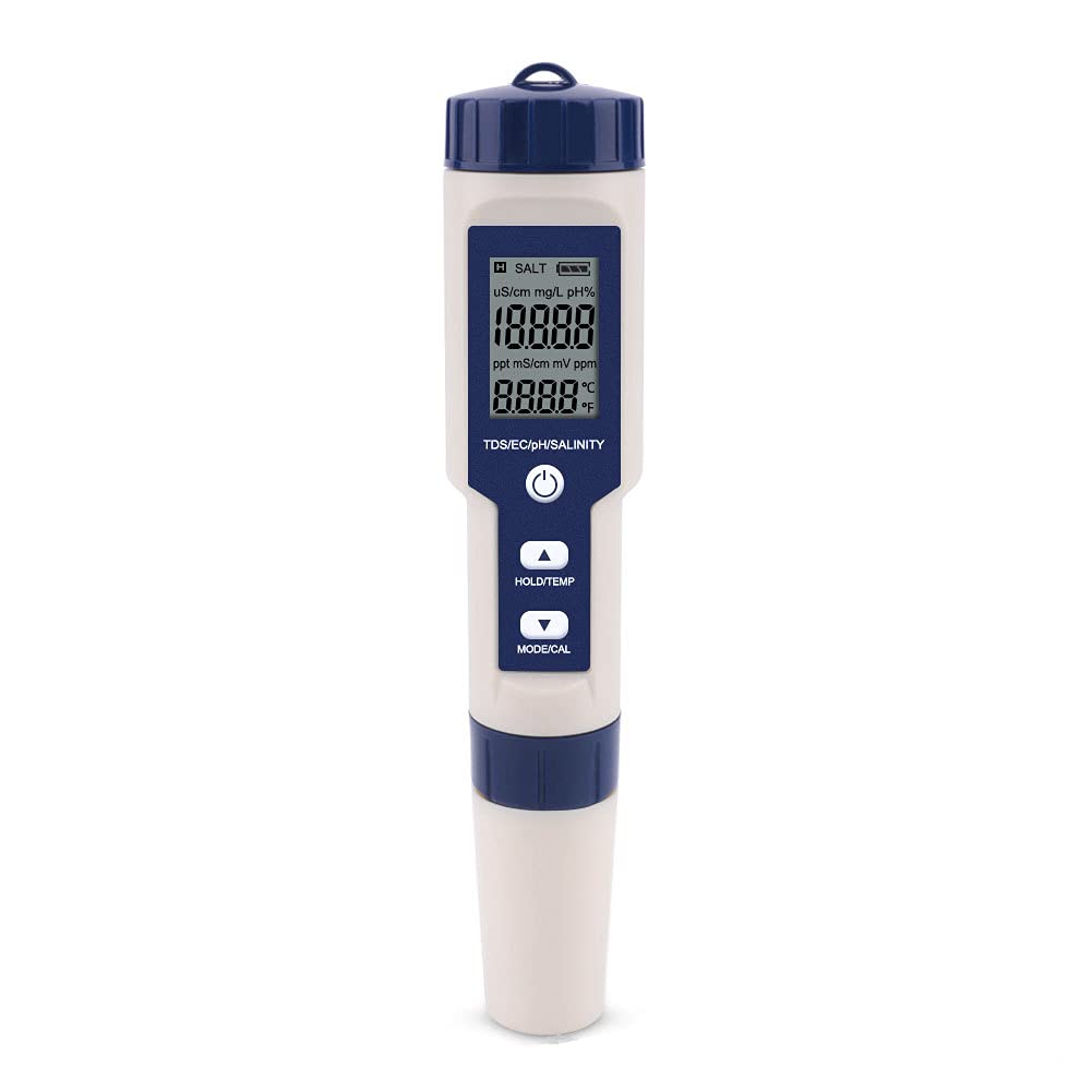 Meichoon 5 in 1 TDS/EC/PH/Salinity/Temperature Meter Digital Water Quality Monitor Tester for Hydroponics/Aquariums/Pools/Drinking Water DH12