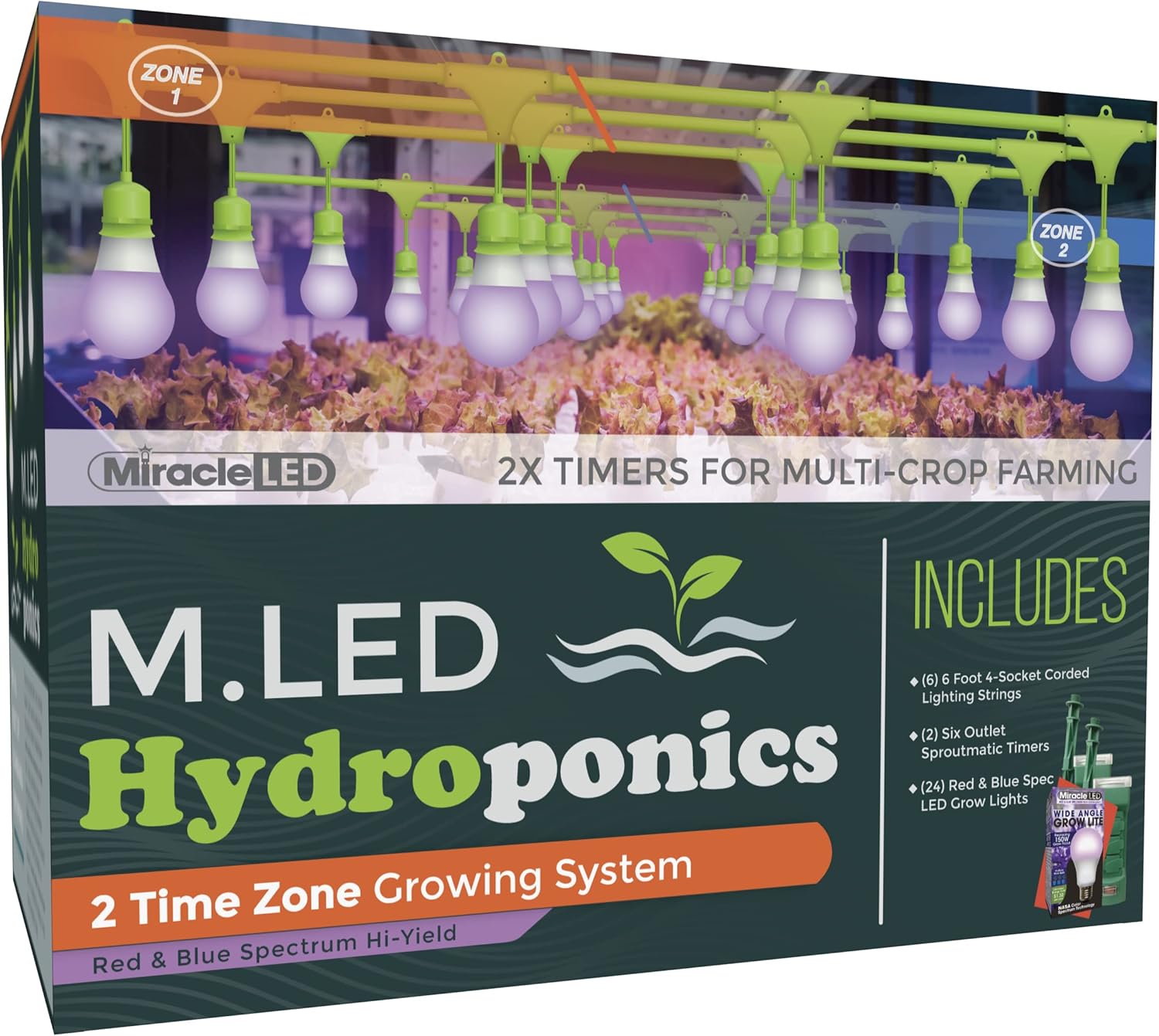 Miracle LED 2-Time Zone Hydroponics Indoor Growing System - Includes 8 Multi-Plant Red  Blue Spectrum 150W Replacement Grow Lights  2 4-Socket Corded Fixture with 2 SproutMatic Timers (3-Pack)