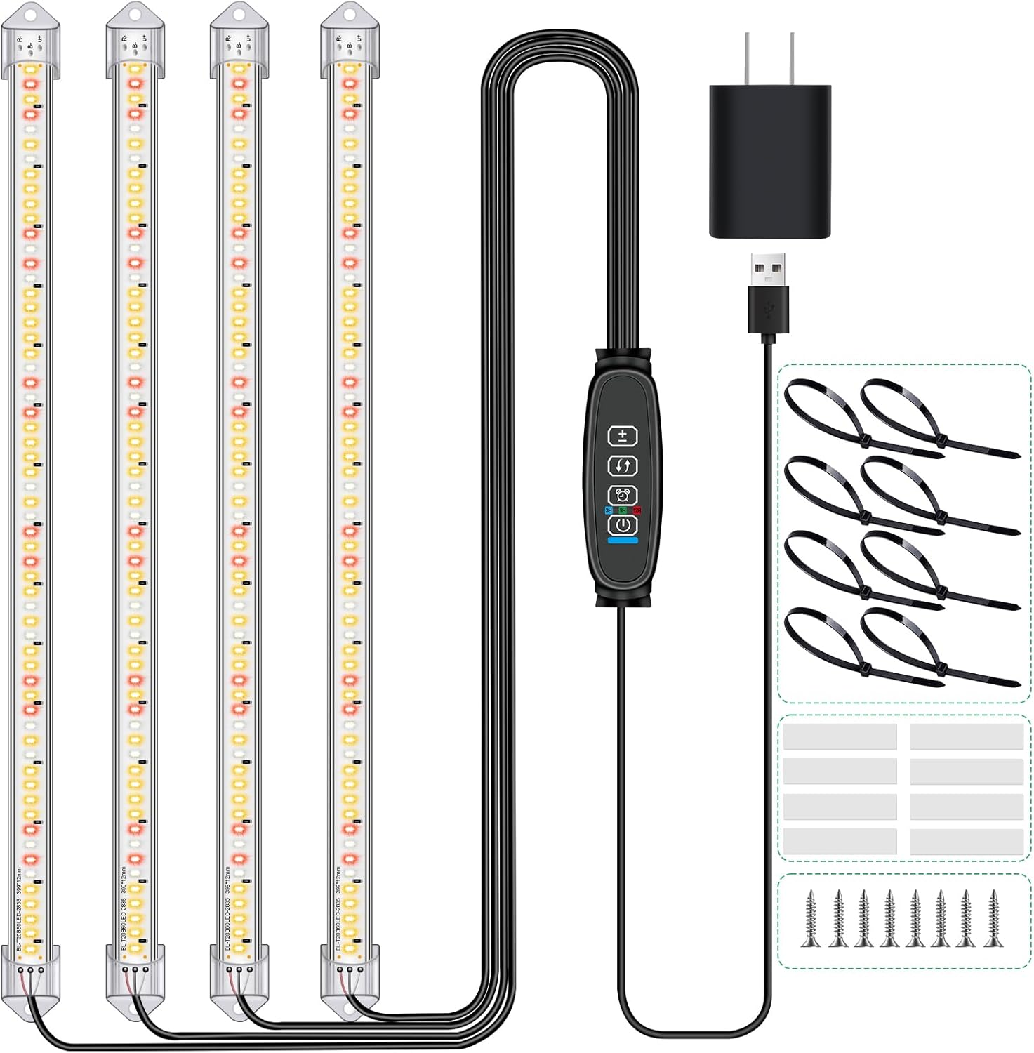 4 Heads Grow Light Strips for Indoor Plants with Auto ON/Off Timer, 10 Dimmable Levels for Greenhouse Shelves Seed Starting