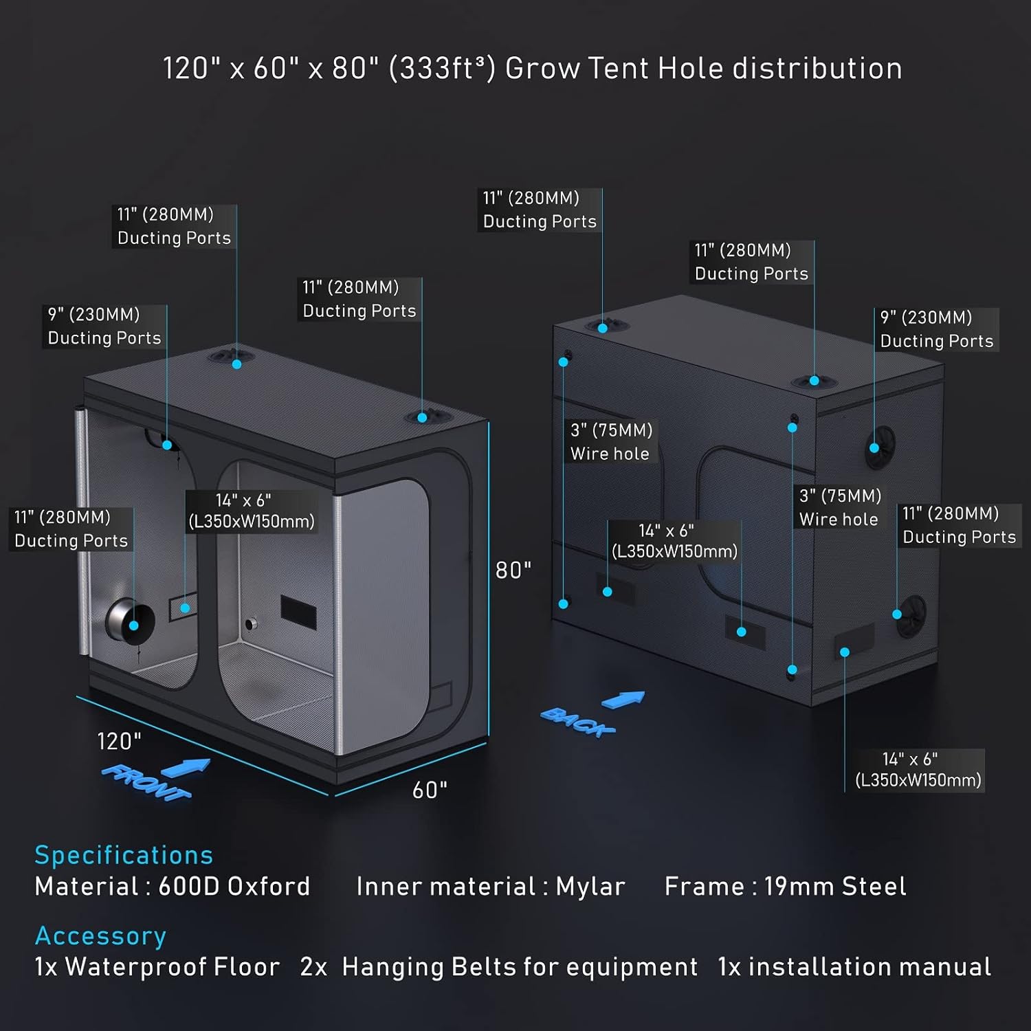 Big Sized 120X60X80 Indoor Grow Tent 600D High-Reflective Hydroponic Grow Room/Hut System Kit for Plant Growing 12x5 W/Metal Corners