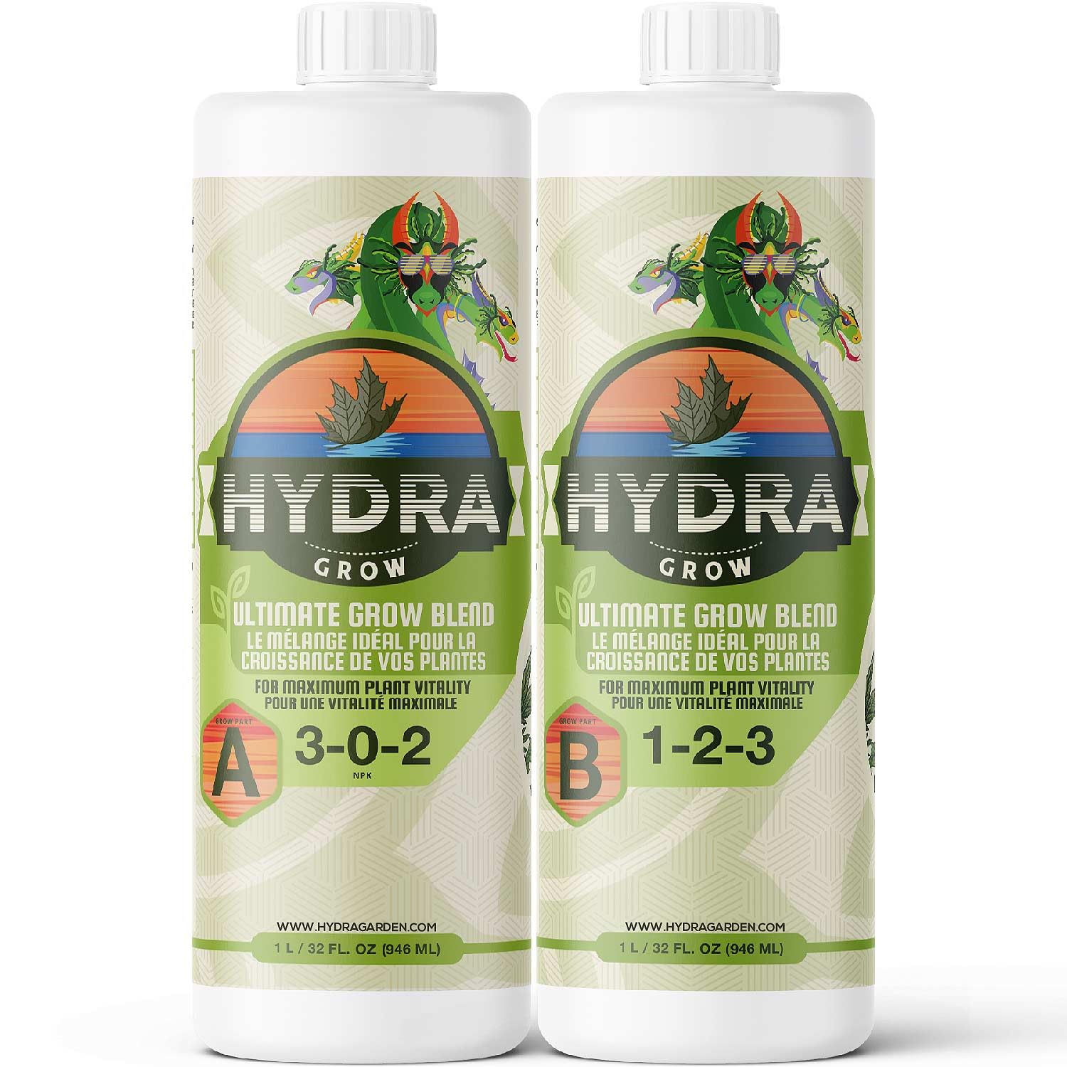 HydraGrow A  B Hydroponic Nutrients - Grow Big Vegetables  Boost Vegetative Growth in All Plants - 2 Part Grow Base Liquid Plant Food for Indoor  Outdoor Gardens - 8oz Sample Set NPK 3-0-2  1-2-3