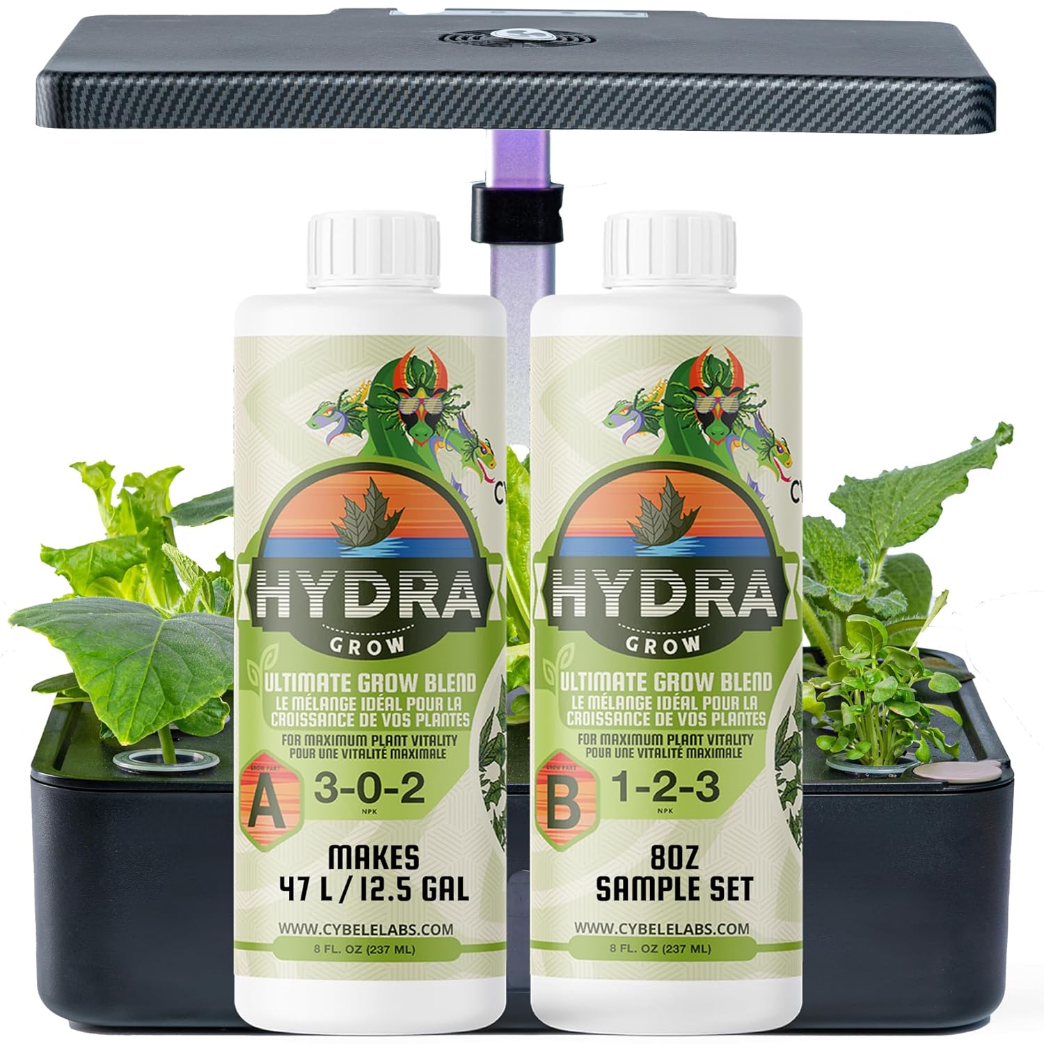 HydraGrow A  B Hydroponic Nutrients - Grow Big Vegetables  Boost Vegetative Growth in All Plants - 2 Part Grow Base Liquid Plant Food for Indoor  Outdoor Gardens - 8oz Sample Set NPK 3-0-2  1-2-3