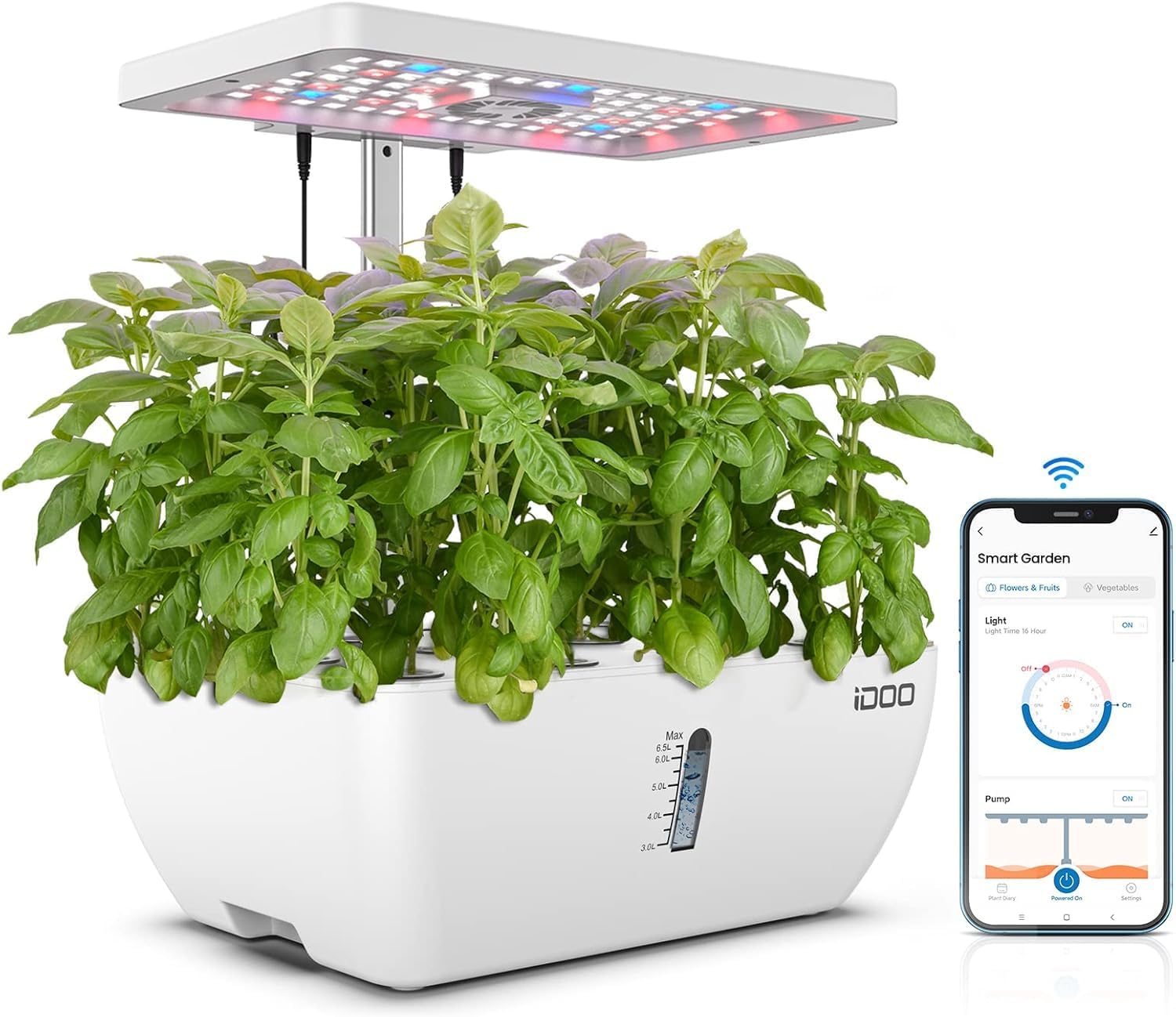 iDOO WiFi 12 Pods Hydroponic Growing System with 6.5L Water Tank, Smart Hydro Indoor Herb Garden Up to 14.5, Plants Germination Kit with Pump System, Fan, Grow Light for Home Kitchen Gardening, White