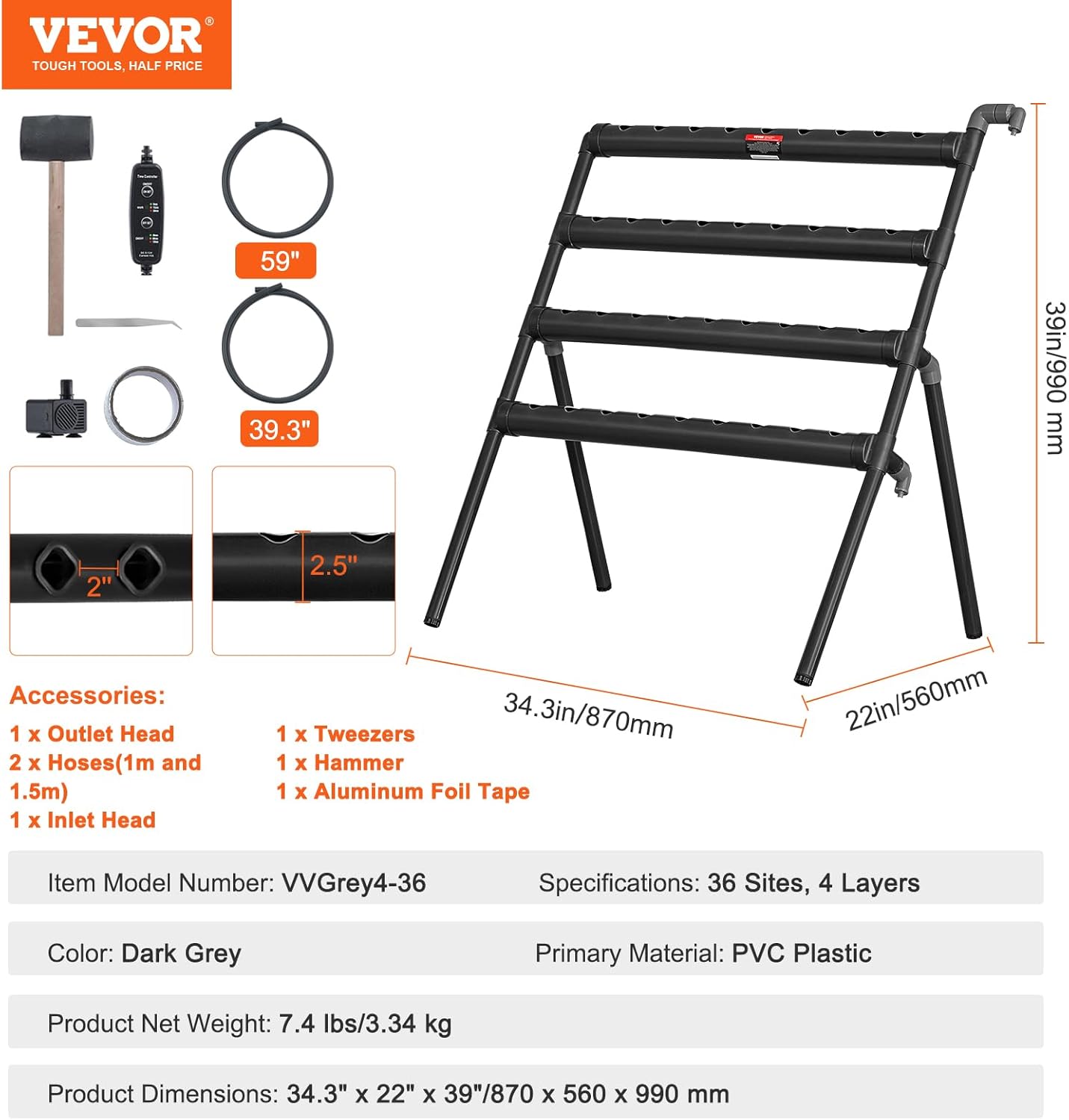 VEVOR Hydroponics Growing System 36 Sites 4 Layers Dark Grey PVC Pipes with Water Pump, Timer, Baskets and Sponges for Fruits, Vegetables, Herb