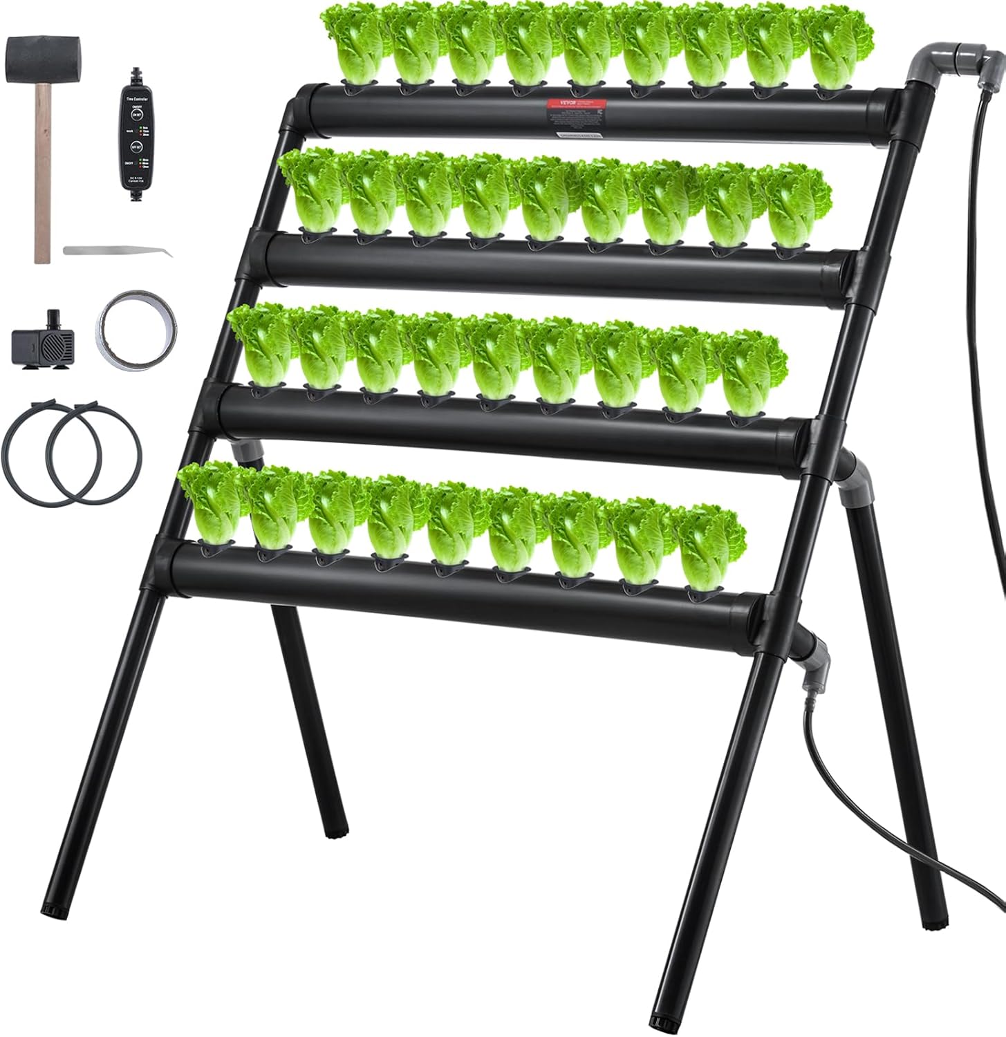 VEVOR Hydroponics Growing System 36 Sites 4 Layers Dark Grey PVC Pipes with Water Pump, Timer, Baskets and Sponges for Fruits, Vegetables, Herb