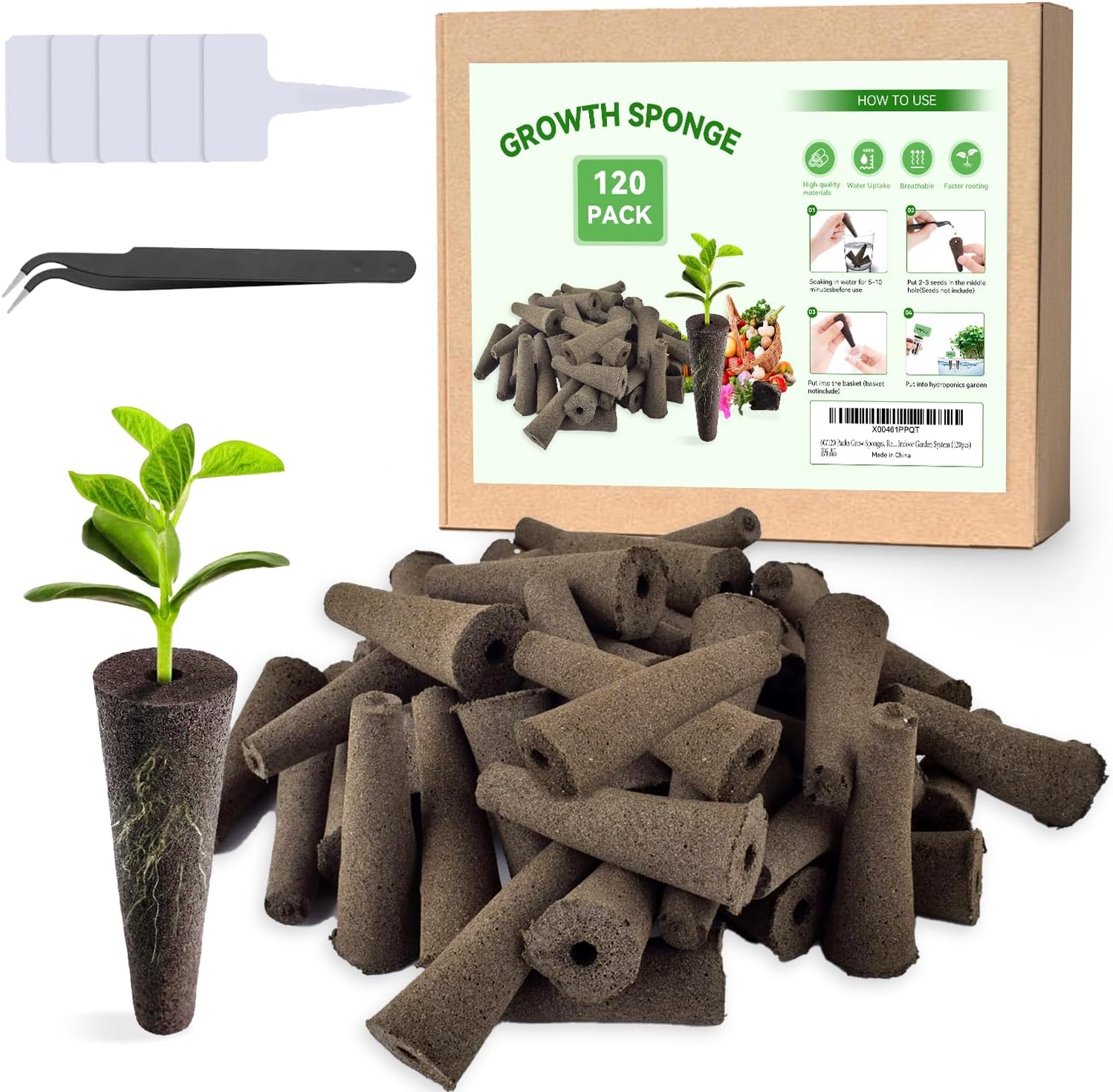 120 Packs Grow Sponges, Replacement Root Growth Sponges Seed Pods Compatible with AeroGarden, Seed Starter Sponges Kit with 5 Plant Labels，1 Tweezer for Hydroponic Indoor Garden System, HM001