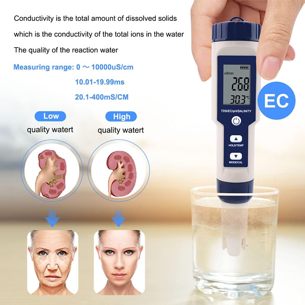 5 In 1 PH/TDS/EC/Salinity/Temperature Tester Pen Waterproof Multi-Function Meter Digital Water Tester No Backlight Water Quality Monitoring Pen Water Quality Monitor Tester