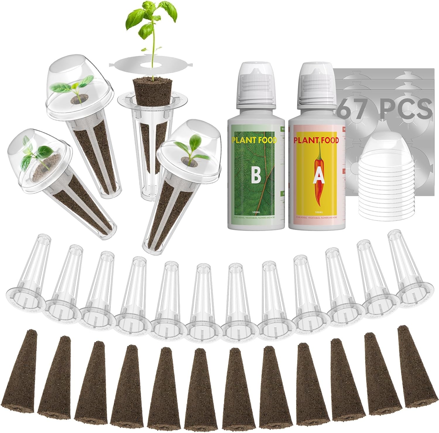 67pcs Hydroponic Pods Kit for AeroGarden, iDOO Garden Hydroponic Growing System Aero Seed Pods Kit Includes 30 Grow Sponges, 12 Grow Baskets, 12 Grow Domes, 12 Stickers, and AB Plant Food