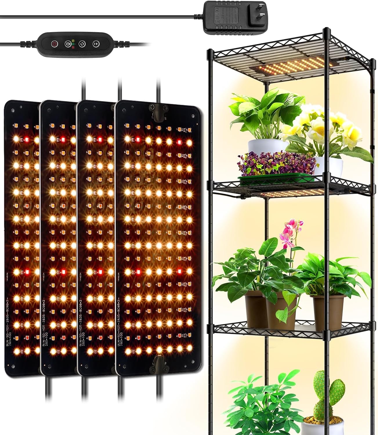 Barrina Ultra-Thin Grow Lights for Indoor Plants, 40W (4 x 10W) Full Spectrum LED Grow Light Panel with 3/6/12H Auto On/Off Timer, 3 Spectrum Modes, 7 Dimmable Levels for Seedlings, Greenhouse, 4-Pack