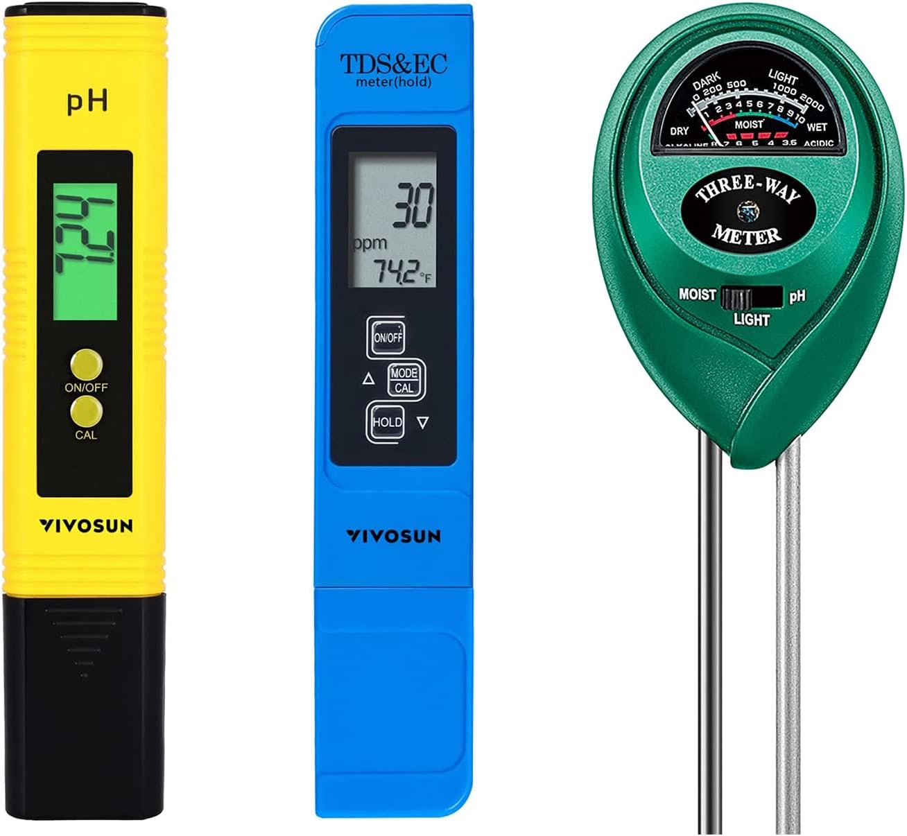 VIVOSUN Digital PH Meter, TDS and EC Pen for Water, Soil Moisture Tester