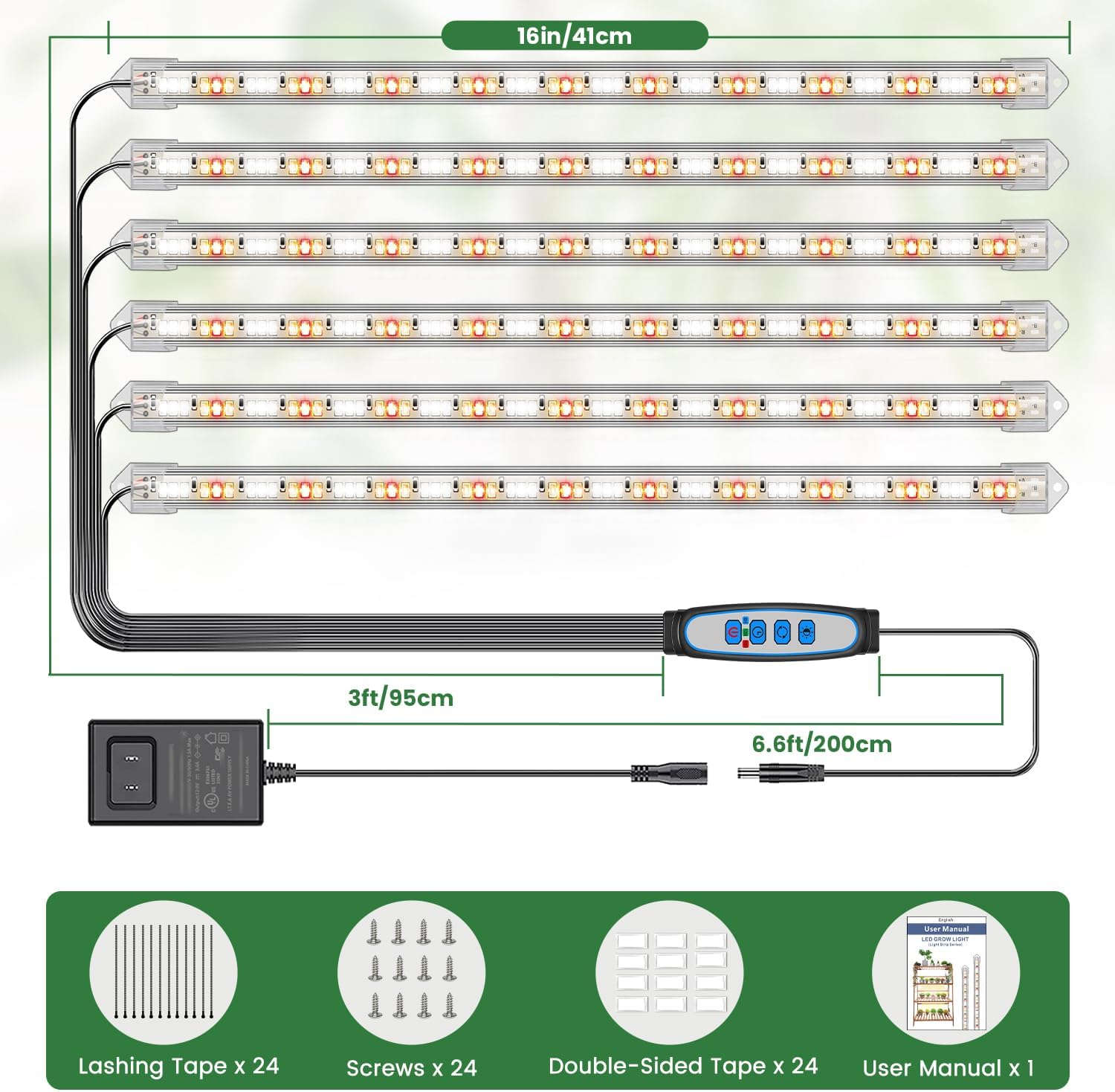 6 Bars Grow Light Strip, 36W 360 LEDs Grow Lights for Indoor Plants Full Spectrum, 660nm/3000K/6000K Sunlike Plant Light for Indoor Growth with 3 Spectrum Modes, UL Listed Adapter, 16 Inch