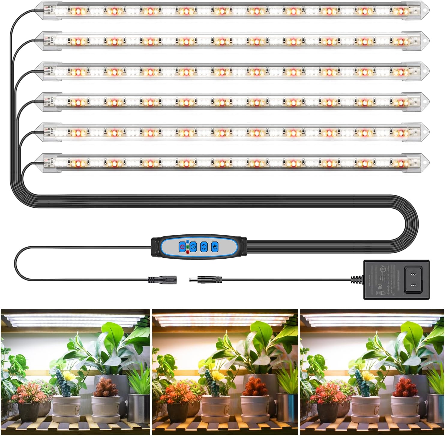 6 Bars Grow Light Strip, 36W 360 LEDs Grow Lights for Indoor Plants Full Spectrum, 660nm/3000K/6000K Sunlike Plant Light for Indoor Growth with 3 Spectrum Modes, UL Listed Adapter, 16 Inch