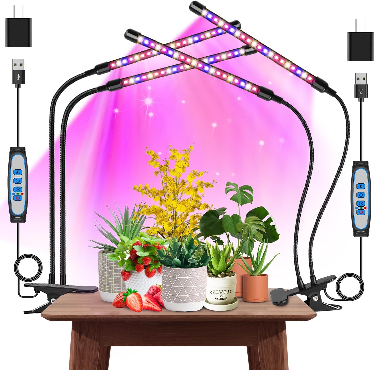 Garpsen Grow Lights for Indoor Plants, 2PCS 2 Heads Full Spectrum Led Grow Lights for Seed Starting, 80 LEDs Plant Grow Light, with Auto ON/Off 6/12/16H Timer, 5 Dimmable Levels (460nm/660nm/3000K)