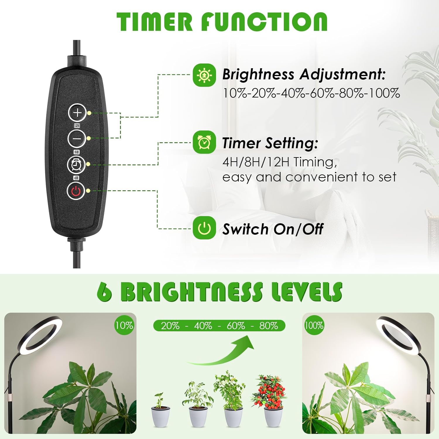 LBW Grow Light for Indoor Plants Full Spectrum with Base, Floor Grow Lamp for Large Plants, Auto ON/Off Timer 4/8/12H, 8 Diameter Plant Lamp with 108 LEDs, 6 Dimmable Levels, Height Adjustable Stand