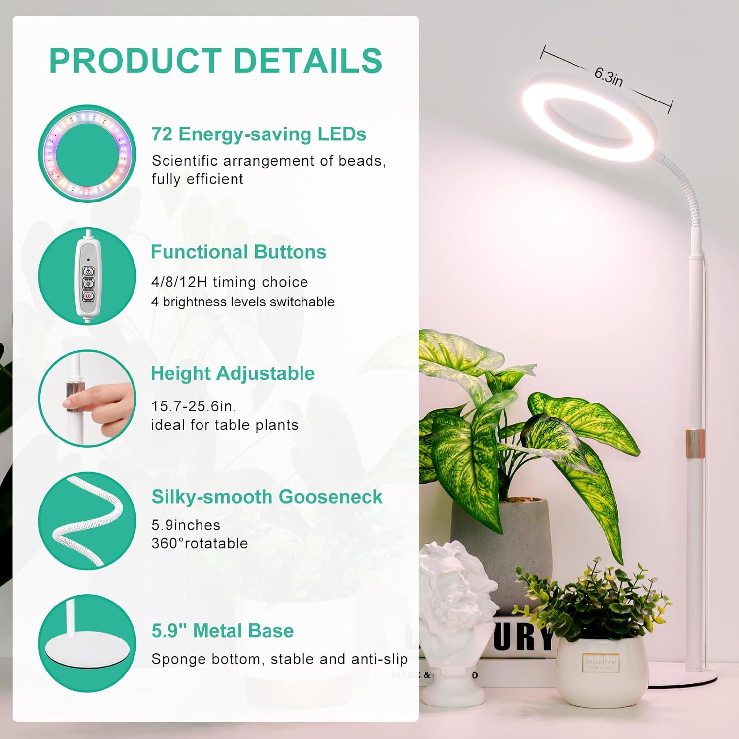 LBW Halo Plant Grow Lights, Dual-Head Desk Grow Light for Indoor Plants, 72x2 LEDs Full Spectrum Grow Lamp with 4/8/12H Auto Timer, 4-Level Brightness, Flexible Gooseneck, Height Adjustable, White