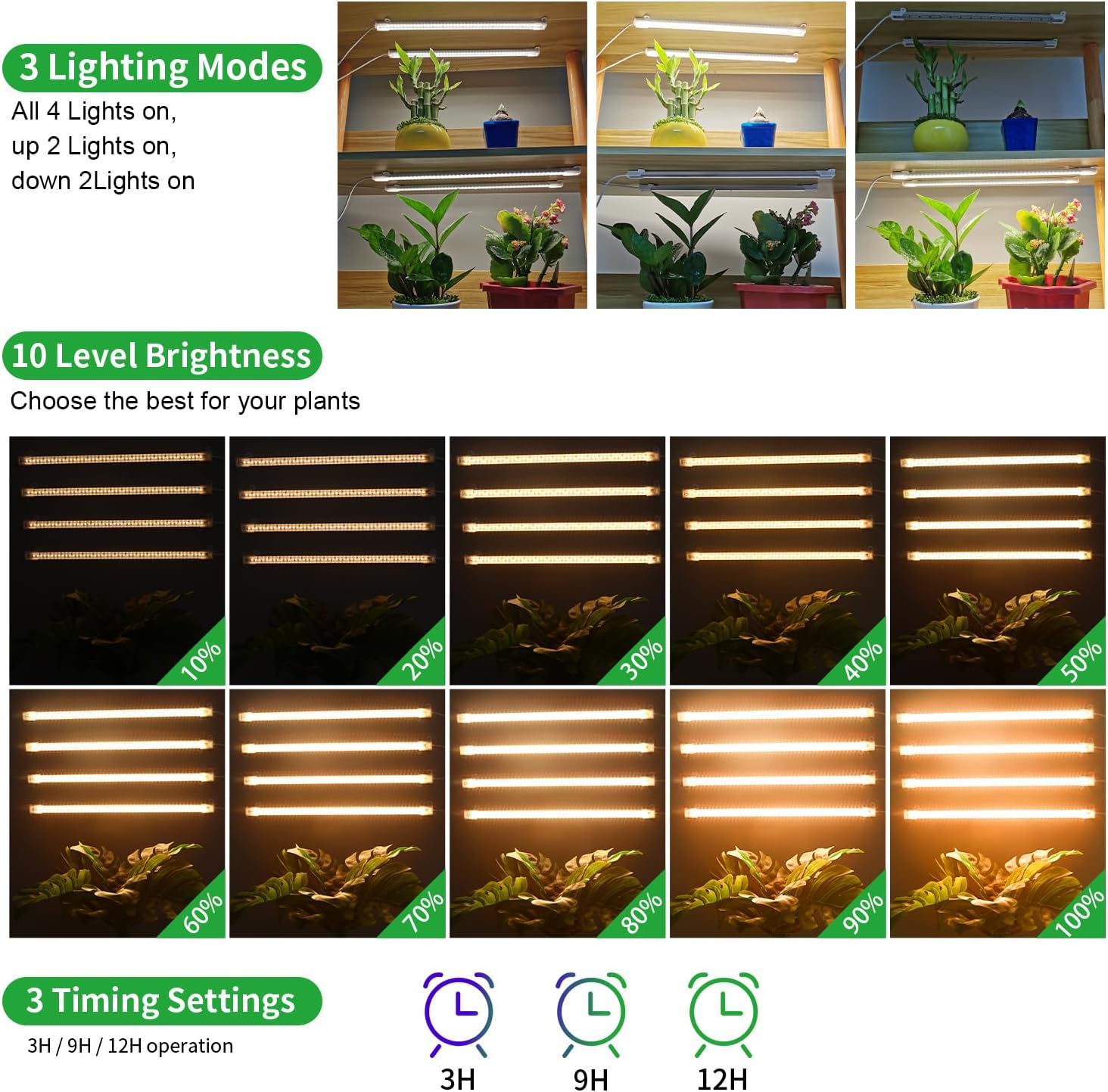 LED Plant Growing lamp, 3000K Full Spectrum Grow Light Strips for Indoor Plants with 3/9/12H Timer  10 Dimmable Levels, Sunlike Grow Light for Green House Hydroponics Succulent