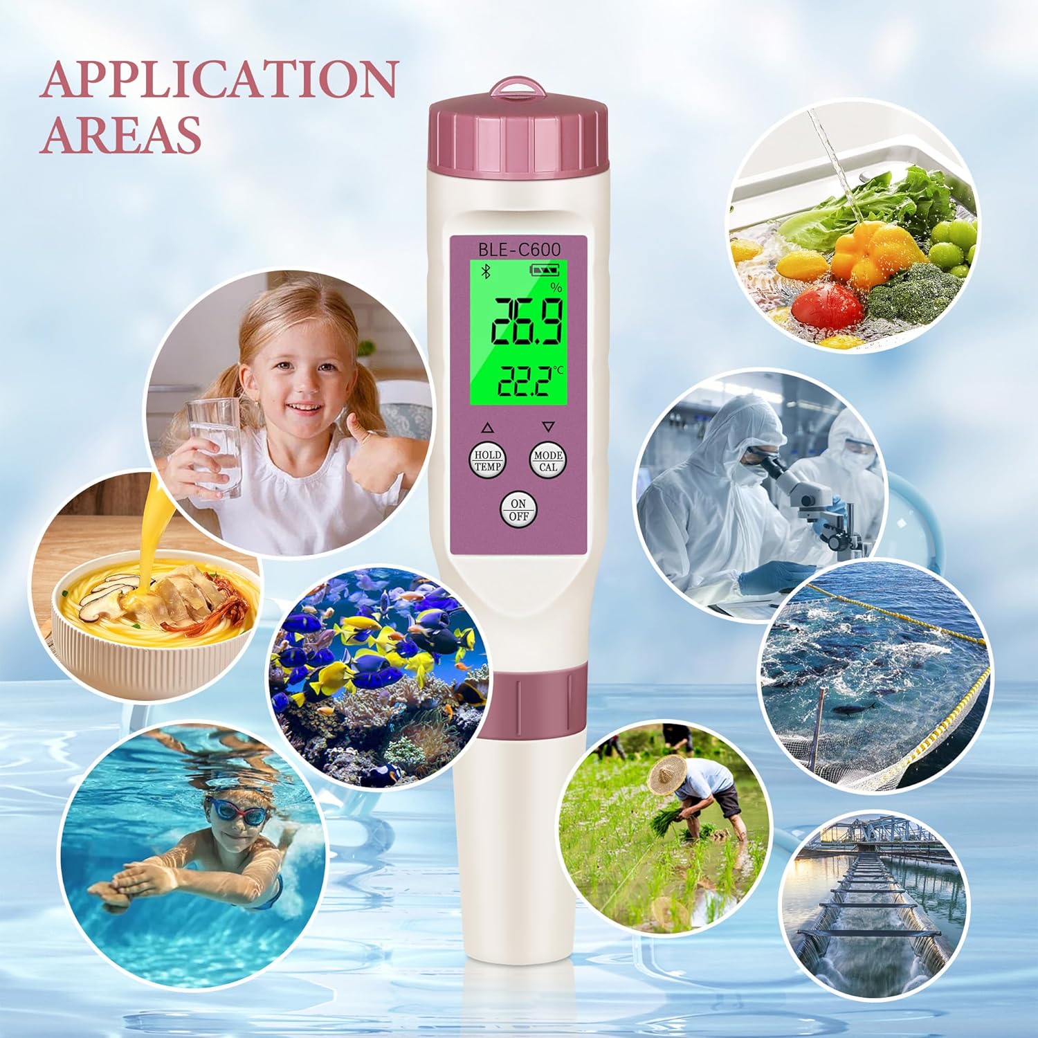 PH Meter Smart Bluetooth Water Tester,7-in-1 Tds Meter/Salinity Tester/pH Meter/EC Meter/Orp Meter/S.G Meter/Temp ph Tester,PH Meter for Water 0.01pH Resolution High Accuracy tds Meter with ATC.