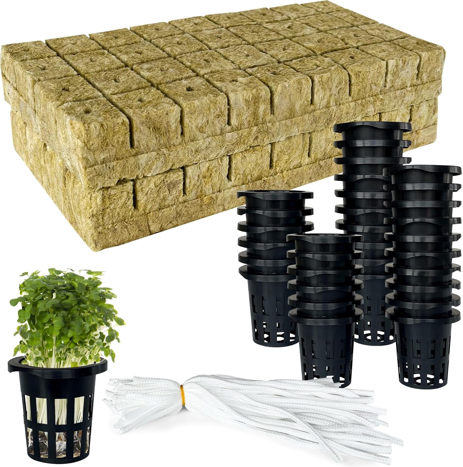 122Pcs Rockwool Cubes for Hydroponics with Net Pots Set- 1 Inch Rock Wool Planting Cubes with 25 Net Pots and 25 Self-Watering Cotton Cord for Hydroponics Soilless Vertical Garden Tower Supplies