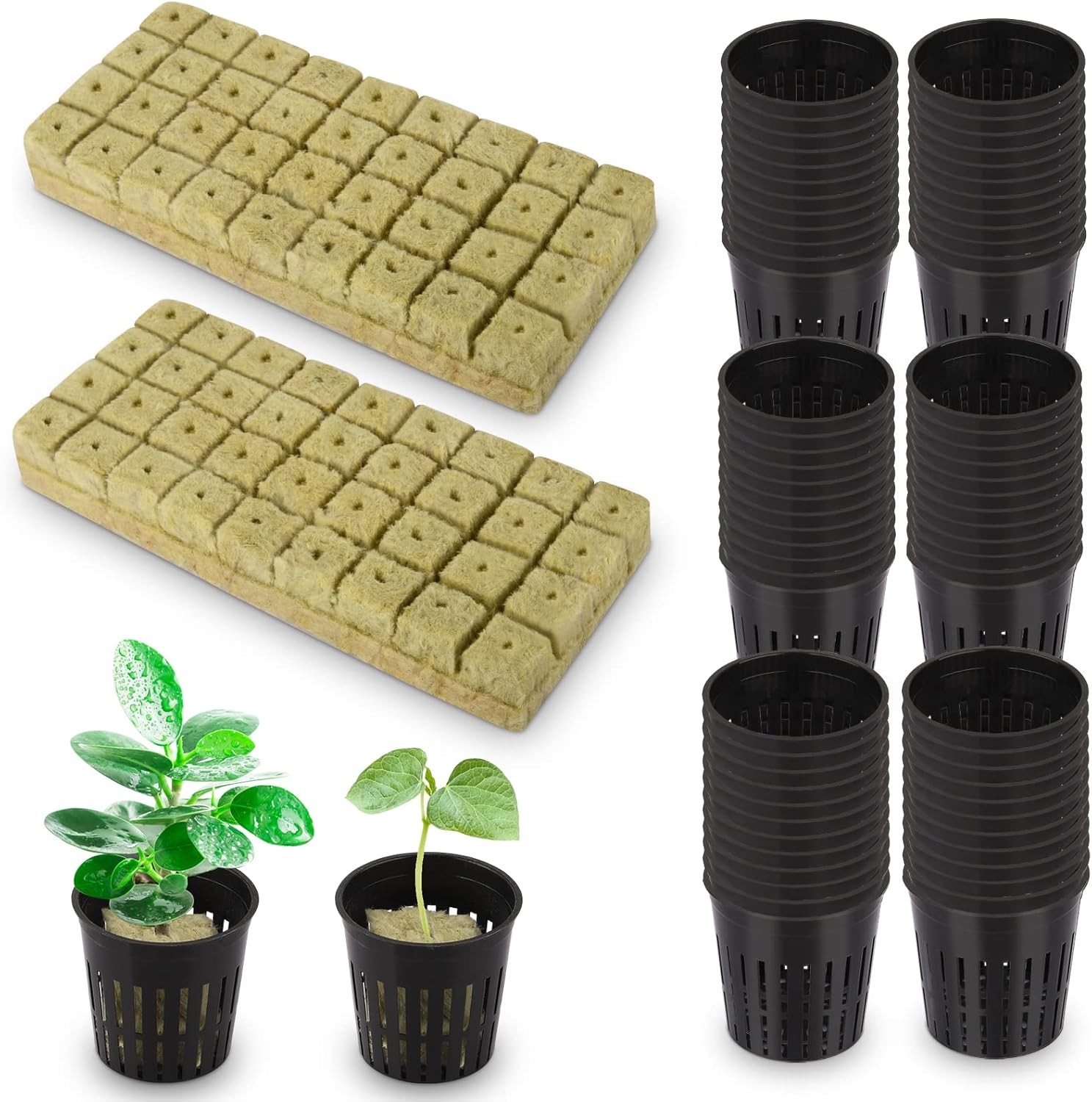 72 Sets Rockwool Cubes and Net Pots, 1.2 * 1.2 * 1.5 inch Rock Wool 72 Plugs  72-Pack 2inch Net Cups for Hydroponics Growing Systemm, Garden Tower Supplies