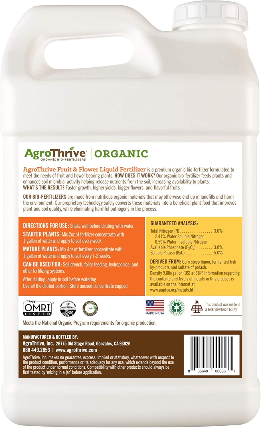 AgroThrive Fruit and Flower Organic Liquid Fertilizer - 3-3-5 NPK (ATFF1032) (32 oz) for Fruits, Flowers, Vegetables, Greenhouses and Herbs