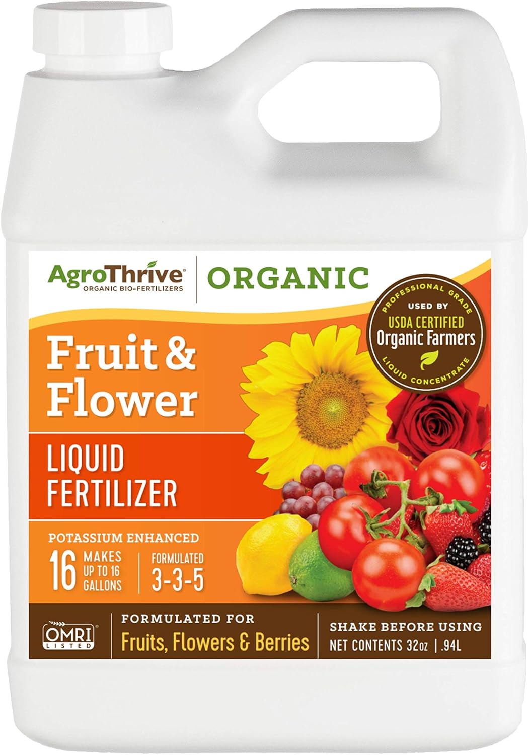 AgroThrive Fruit and Flower Organic Liquid Fertilizer - 3-3-5 NPK (ATFF1032) (32 oz) for Fruits, Flowers, Vegetables, Greenhouses and Herbs