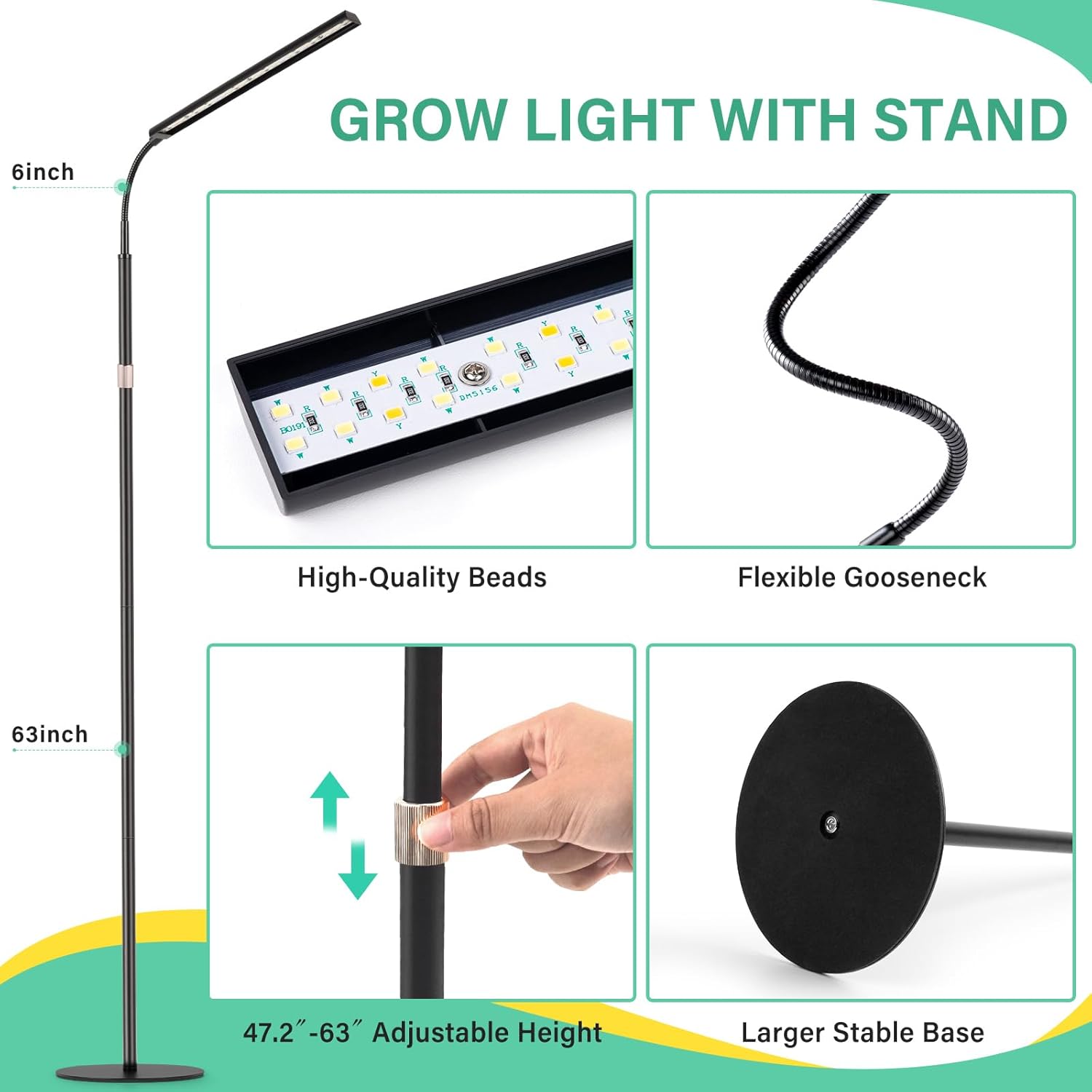 FOXGARDEN® Grow Light, Full Spectrum Plant Light Strip with Stand for Indoor Plants, 47.2-63 Inches Height Adjustable, Bright Grow Lamp with Auto On/Off Timer 4/8/12H, 4 Dimmable Brightness, White