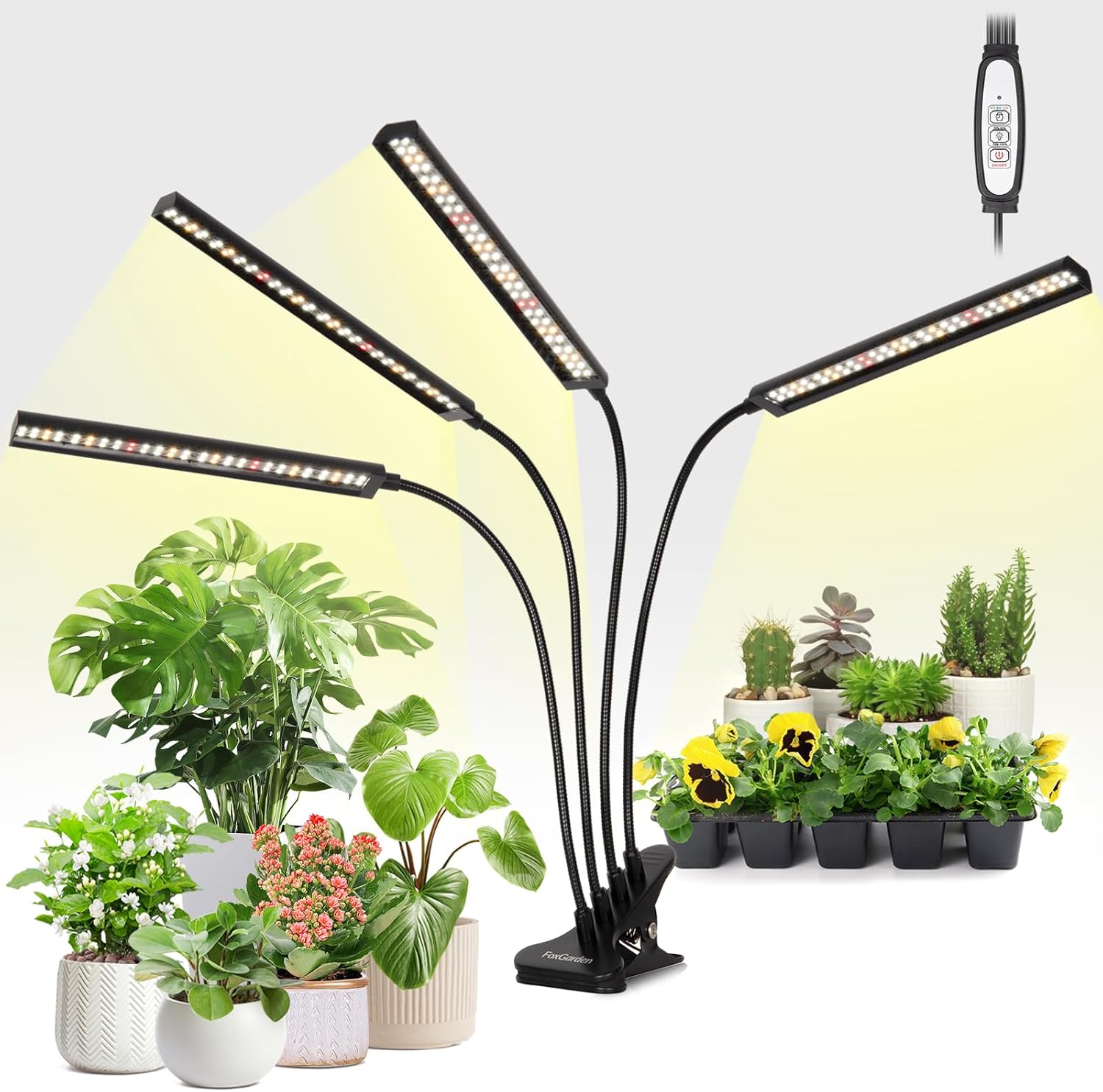 FOXGARDEN® Grow Lights Full Spectrum, Four-Head Plant Lights for Indoor Growing with Flexible Gooseneck, 208 LEDs Clip Grow Lamp with 4/8/12H Timer, 4 Brightness Levels, Ideal for Indoor Growth