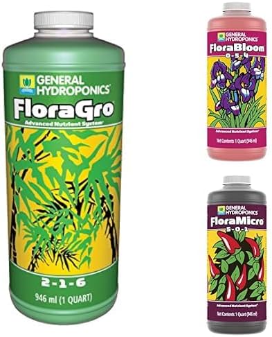 General Hydroponics Flora Series: FloraMicro, FloraBloom, FloraGro - 3-Part Hydroponic Nutrient System, 1 qt. Bottles