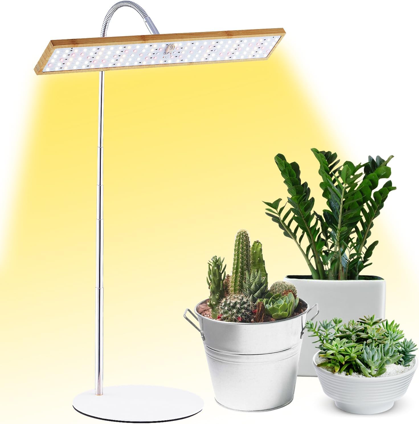 Grow Lights for Indoor Plants Full Spectrum, Eco-Friendly Bamboo Design, Height Adjustable, Automatic Timer with 8/12/16H,Ideal for Plant Lights for Indoor Growing (Round)