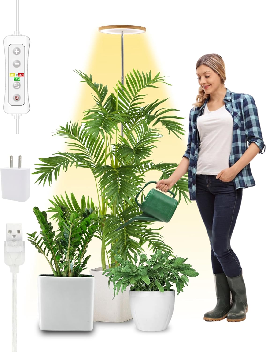 Grow Lights for Indoor Plants Full Spectrum, Eco-Friendly Bamboo Design, Height Adjustable, Automatic Timer with 8/12/16H,Ideal for Plant Lights for Indoor Growing (Round)