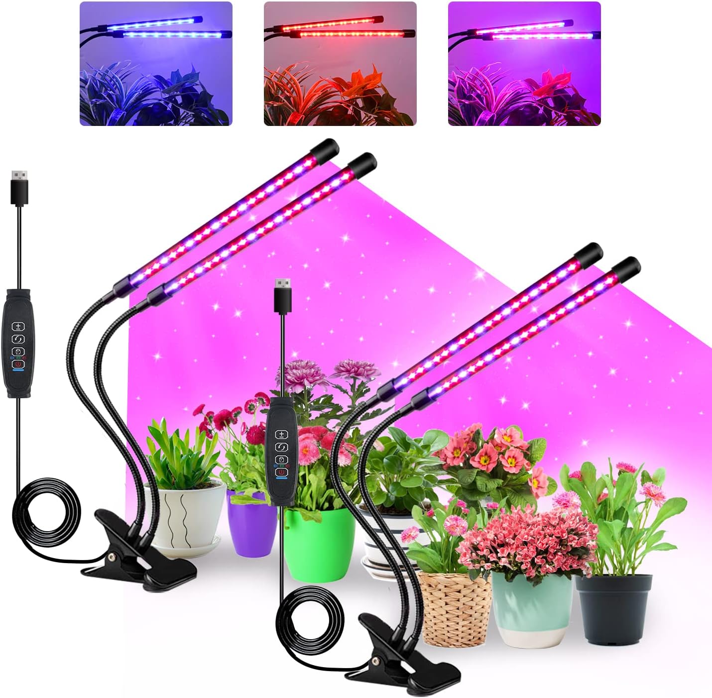 Grow Lights for Indoor Plants, Full Spectrum LED Plant Lamps with Clips and 3m Cables for Seeding Growing(2 Pack)