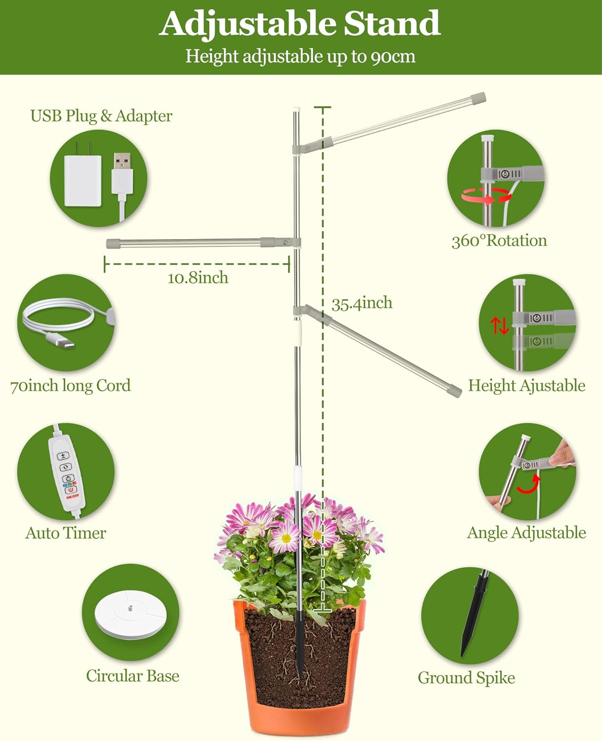 Plant Grow Lights for Indoor Plants Full Spectrum, 3-Head LED Plant Growing Lamps with 35.4 Height Adjustable and Rotatable Stand, 10 Dimmable Level, 3/9/12H Timer, 3 Switch Modes