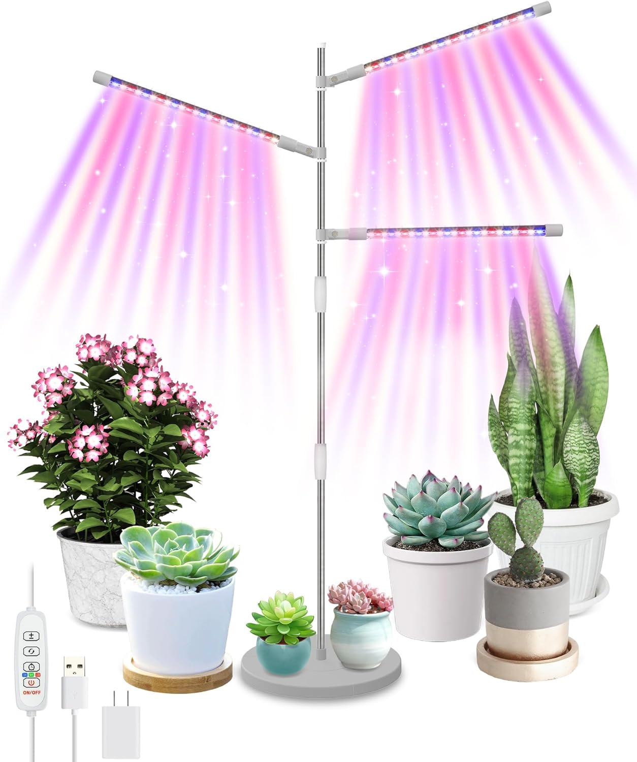 Plant Grow Lights for Indoor Plants Full Spectrum, 3-Head LED Plant Growing Lamps with 35.4 Height Adjustable and Rotatable Stand, 10 Dimmable Level, 3/9/12H Timer, 3 Switch Modes