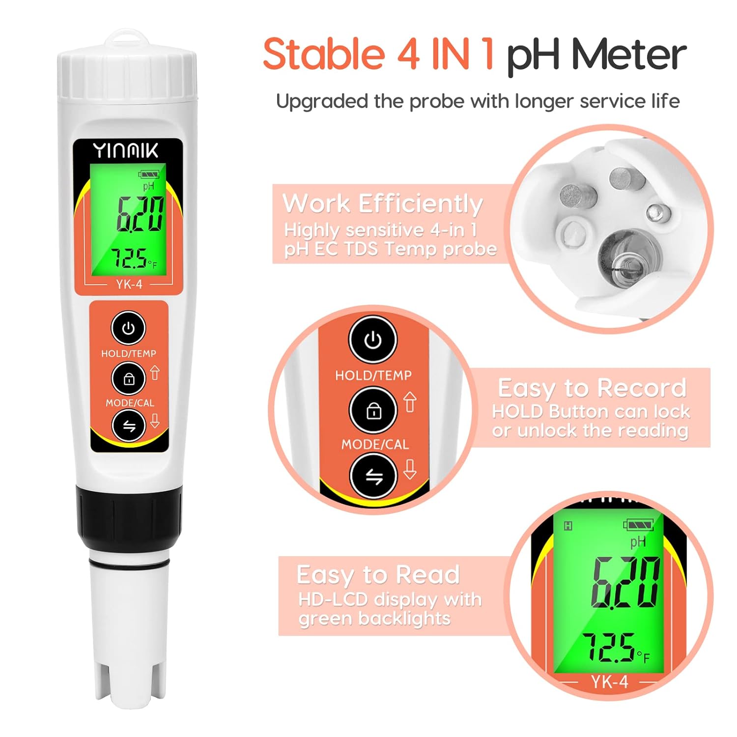 YK-4 pH Meter with Replacement Probe and EC Calibration Solution, pH Storage Solution