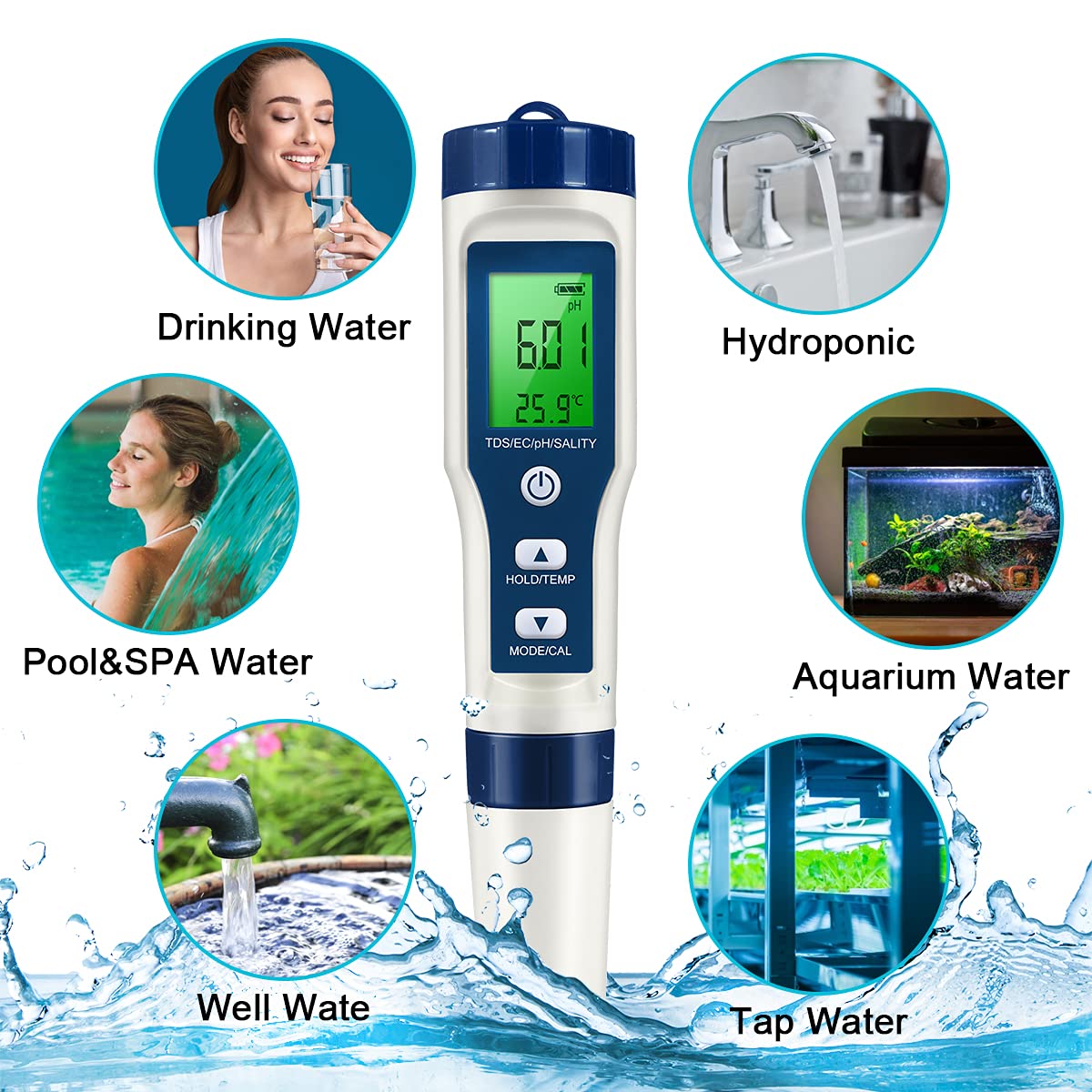 5 in 1 TDS Meter PH Tester, 0.01 High Accuracy Digital PH Meter for Water, PH/TDS/EC/Salt/Temp Tester, PPM Meter Water Tester for Drinking Water, Hydroponics, Plants, Aquarium and Pool