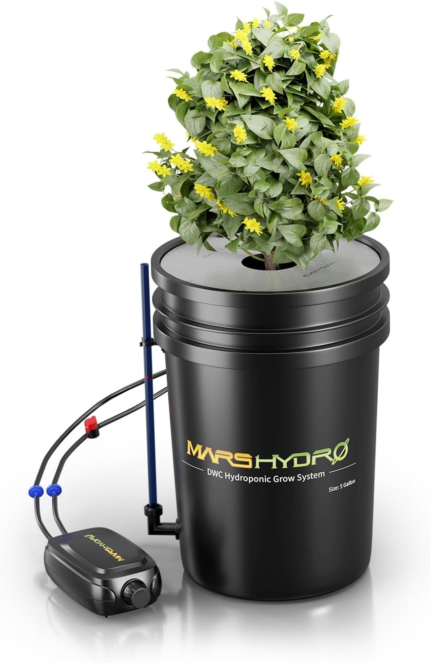 Mars Hydro DWC Hydroponics Grow System 5 Gallon Deep Water Culture with 4W Air Pump, Multi-Purpose Air Hose, Air Stone, 1 Buckets and Top Drip Kit