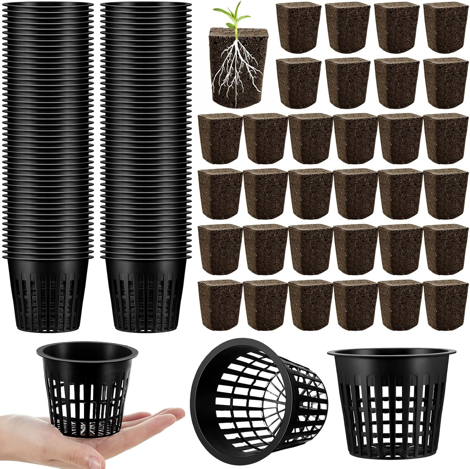 Norme 100 Pcs 3 Inch Hydroponic Net Pots Plastic Slotted Mesh Cups with 100 Pcs Hydroponic Sponges Pods Grow Starter Plugs Pots Kit for Hydroponics Aquaponics Orchids Garden Plants Seed Growing, Black