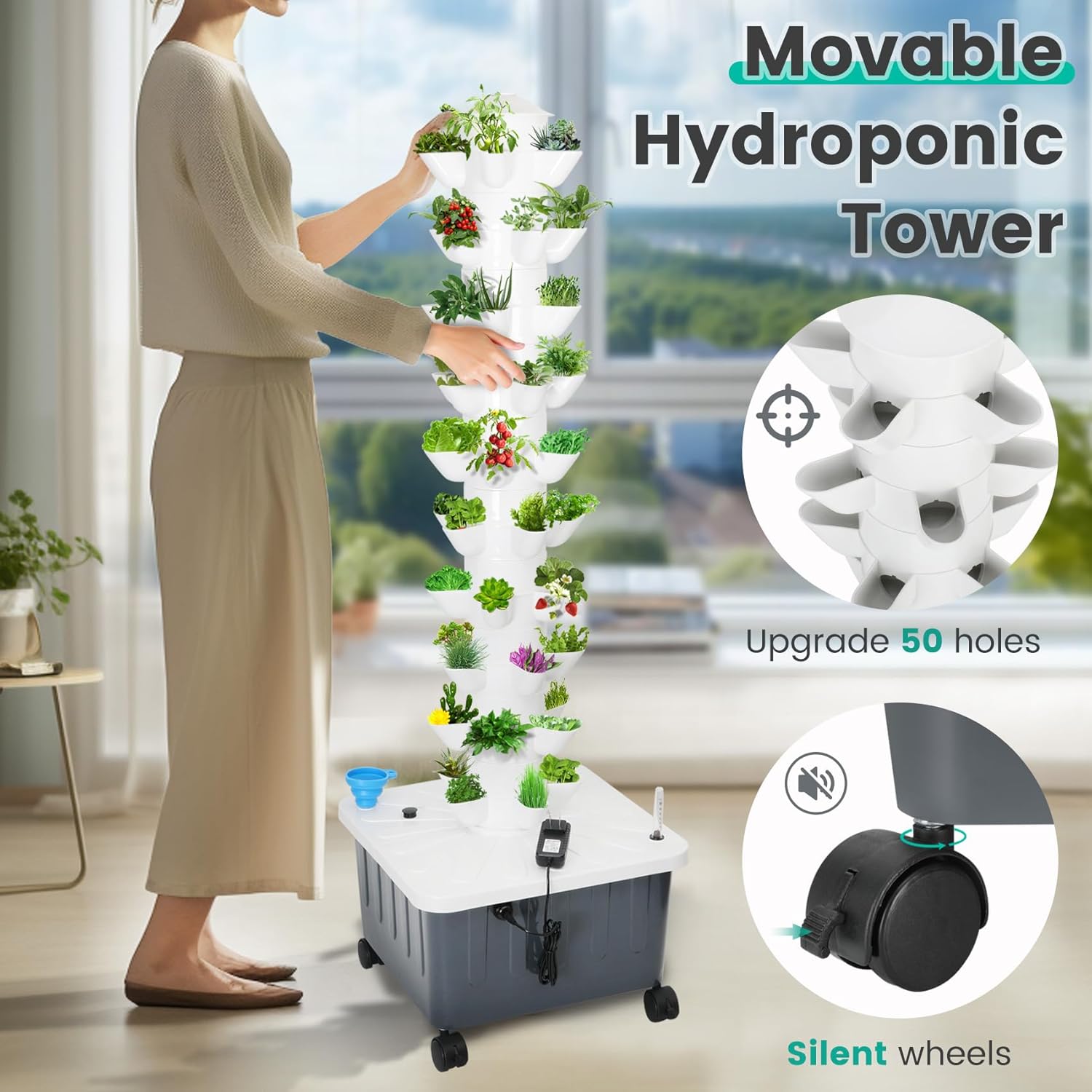 2024 𝒖𝒑𝒈𝒓𝒂𝒅𝒆𝒅 Hydroponic Growing Tower System Kit, 50 Slots Garden Tower-Hydroponics Tower for Indoor Herbs,Fruits and Vegetables-Silent Pump Garden Tower with Timer Automatic Watering