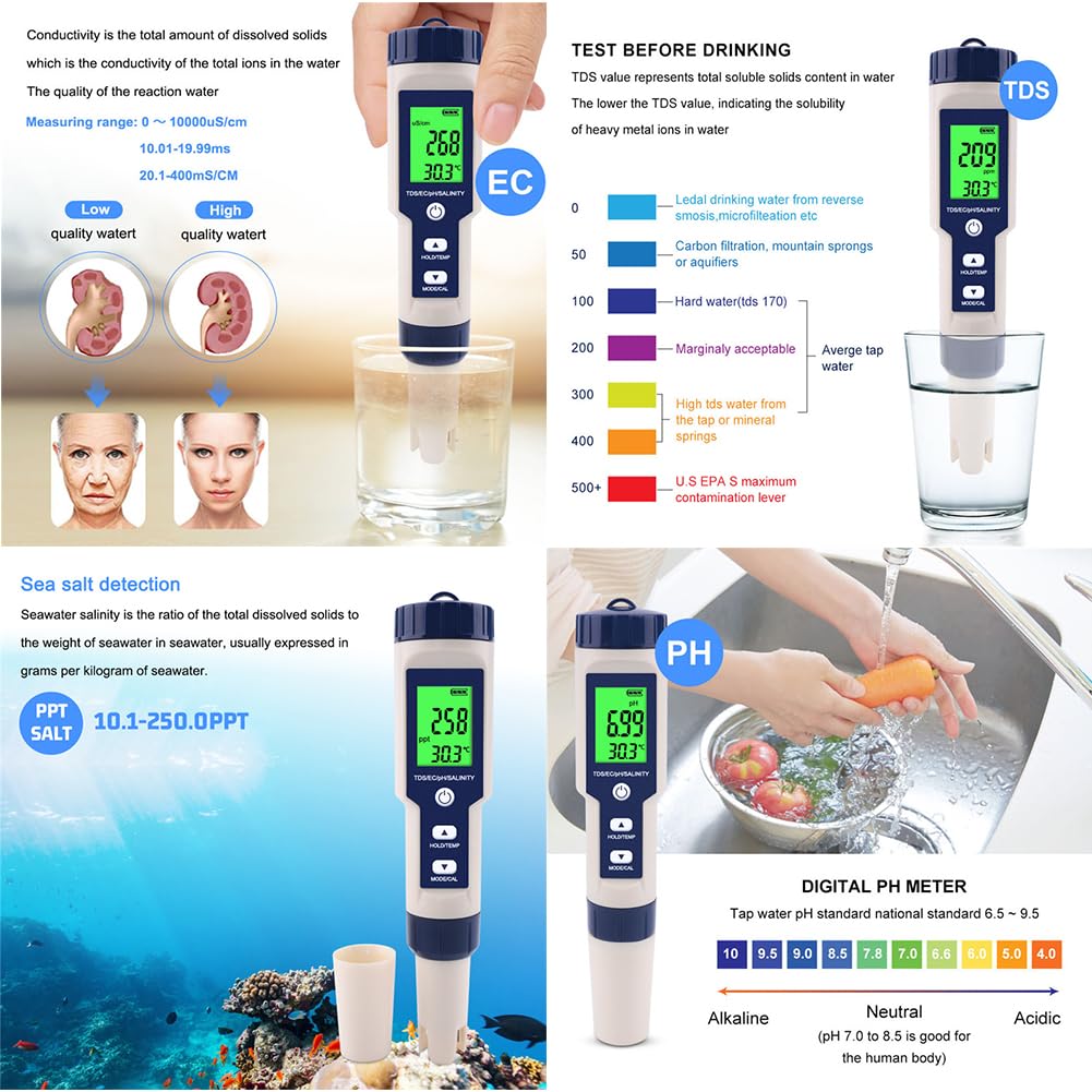 5 in 1 PH Meter Gomass 0.01 High Accuracy ph Tester Digital for Water TDS/EC/Salt/Temp/PH Pen, PPM Meter Water Tester Drinking Water, Hydroponics, Plants, Aquarium and Pool