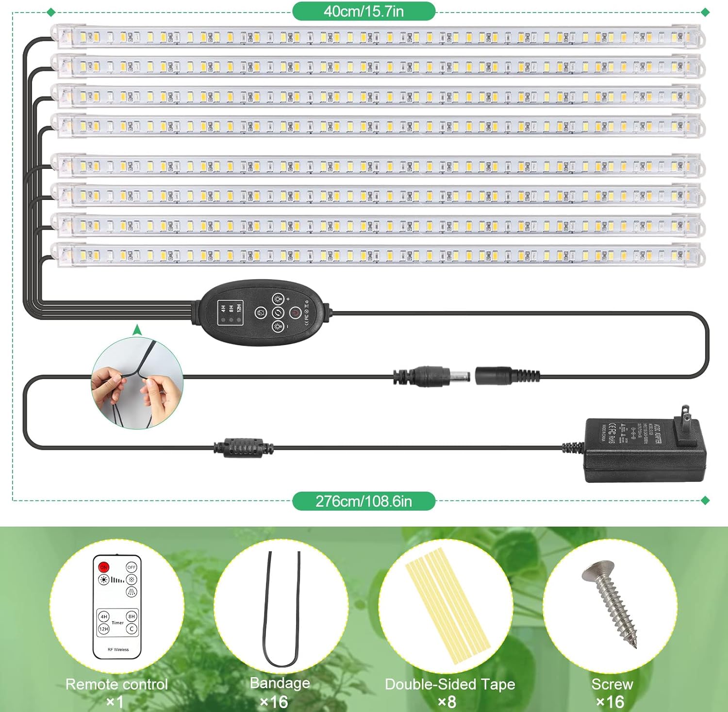 LVJING [8 Pack] LED Plant Grow Light Strips Full Spectrum for Indoor Plants with Auto ON/Off Timer, 192 LEDs / 4 Dimmable Levels, Sunlike Grow Lamp for Hydroponics Succulent, Plug and Play