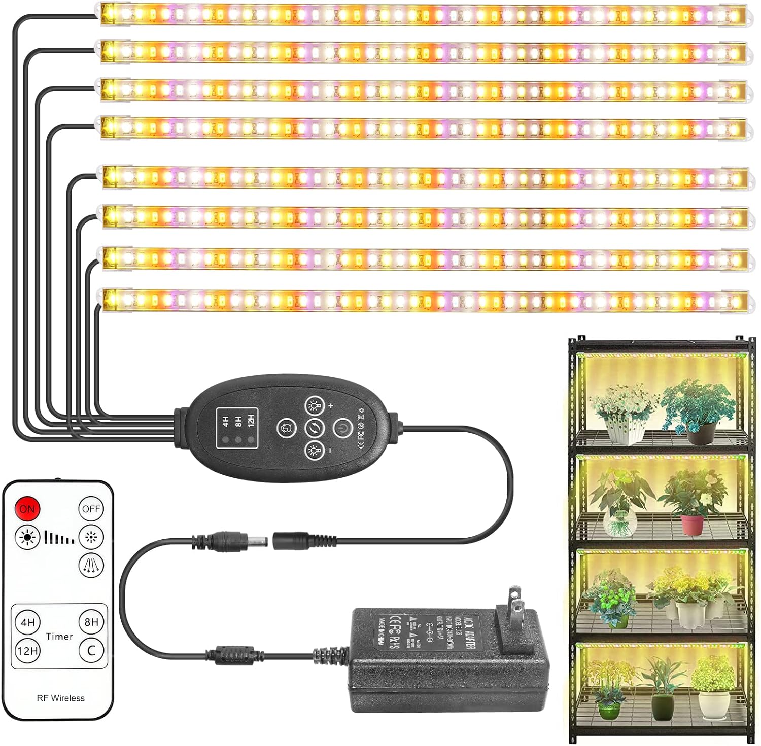 LVJING [8 Pack] LED Plant Grow Light Strips Full Spectrum for Indoor Plants with Auto ON/Off Timer, 192 LEDs / 4 Dimmable Levels, Sunlike Grow Lamp for Hydroponics Succulent, Plug and Play