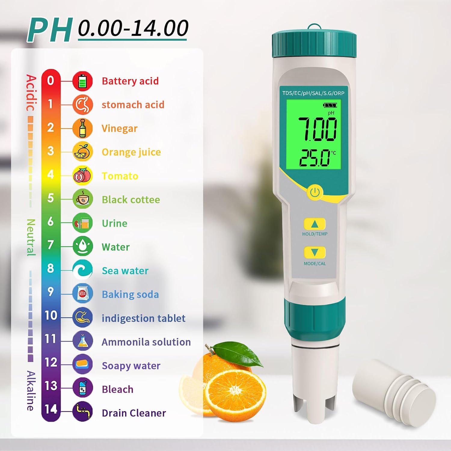 pH Meter, 7 in 1 pH/TDS/EC/ORP/S.G/Salinity/Temp Meter, Digital pH Tester with ATC  LCD Backlight for Drinking Water, Hydroponics, Swimming Pool and Aquarium