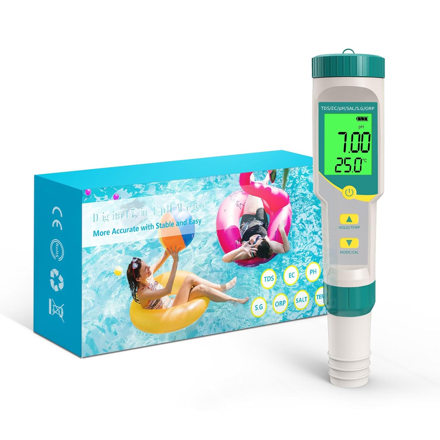 pH Meter, 7 in 1 pH/TDS/EC/ORP/S.G/Salinity/Temp Meter, Digital pH Tester with ATC  LCD Backlight for Drinking Water, Hydroponics, Swimming Pool and Aquarium