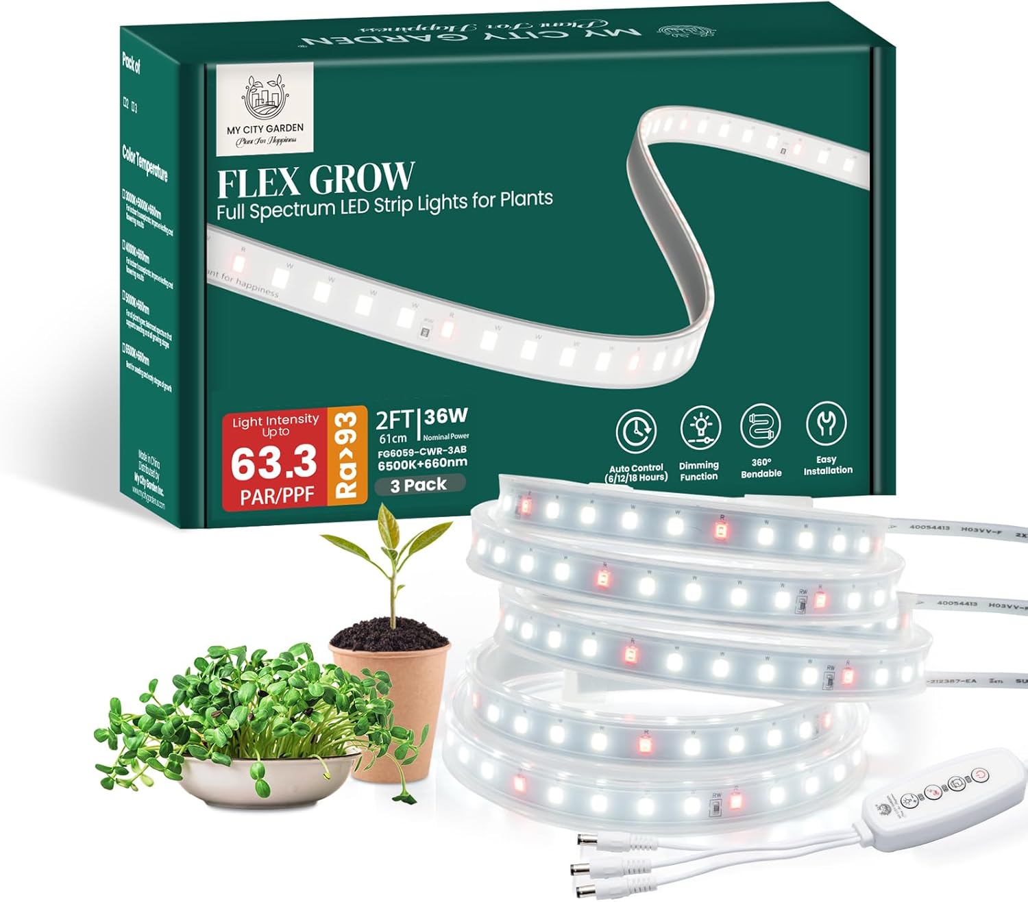 3 Pack LED Grow Light Strips, 2FT, 6500K Full Spectrum, 360 Bendable, Waterproof, 6/12/18H Timer, 36W Total, 59 LEDs, High Efficiency, Ideal for Seeds, Herbs  Vegetables