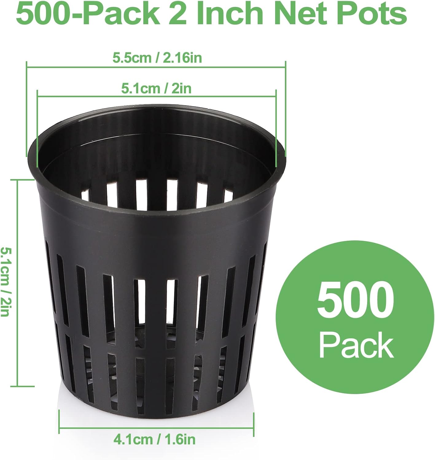 500-Pack 2 Inch Hydroponics Net Pots - Slotted Mesh Net Cups for Plant Growing System - Self Watering Baskets for Indoor and Outdoor Plants, Hydroponics Supplies Kit