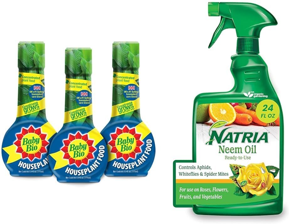 Houseplant Food, Concentrate, 5.9 Oz (3-Pack) with NATRIA Neem Oil Spray for Plants Pest Organic Disease Control, for Insects, 24 Oz, Ready-to-Use