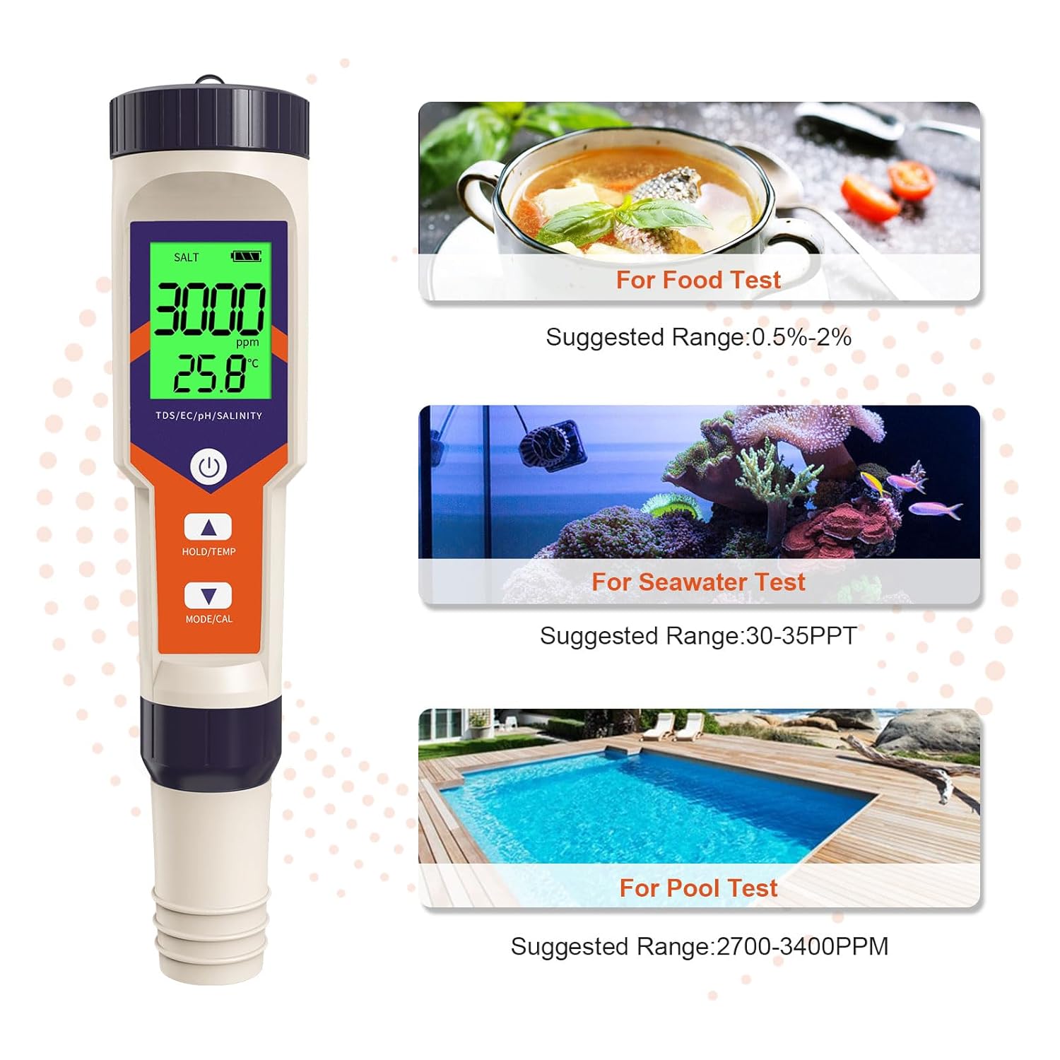 PH Meter, 5 in 1 pH/TDS/EC/Salinity/Temp Meter, Waterproof Pool Salt Tester, 0.01 Resolution High Accuracy Water Tester for Drinking Water, Hydroponics, Saltwater Pool, Aquarium, Koi Fish Pond